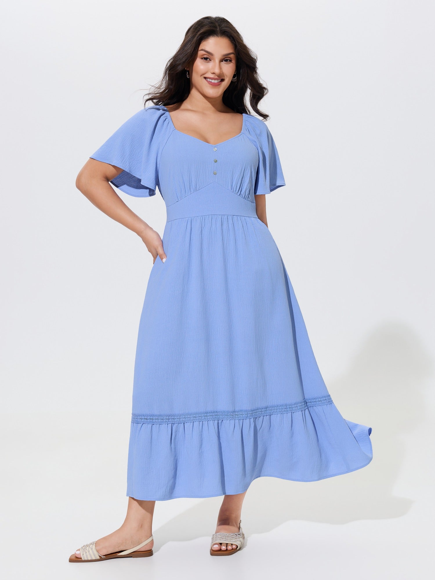 Textured Button Detail Lace Trim Maxi Dress