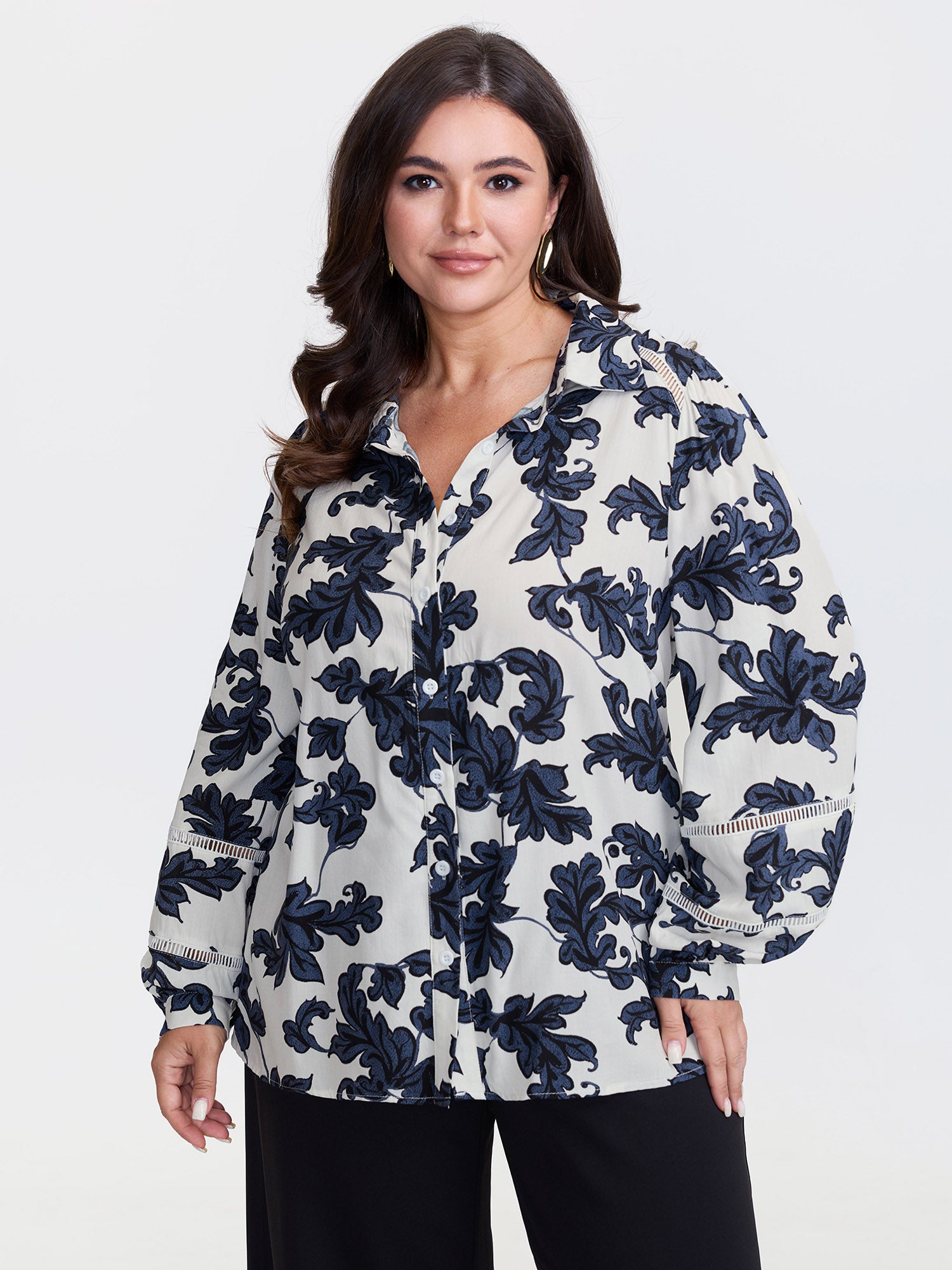 Floral Button Front Lace Relaxed Fit Blouse