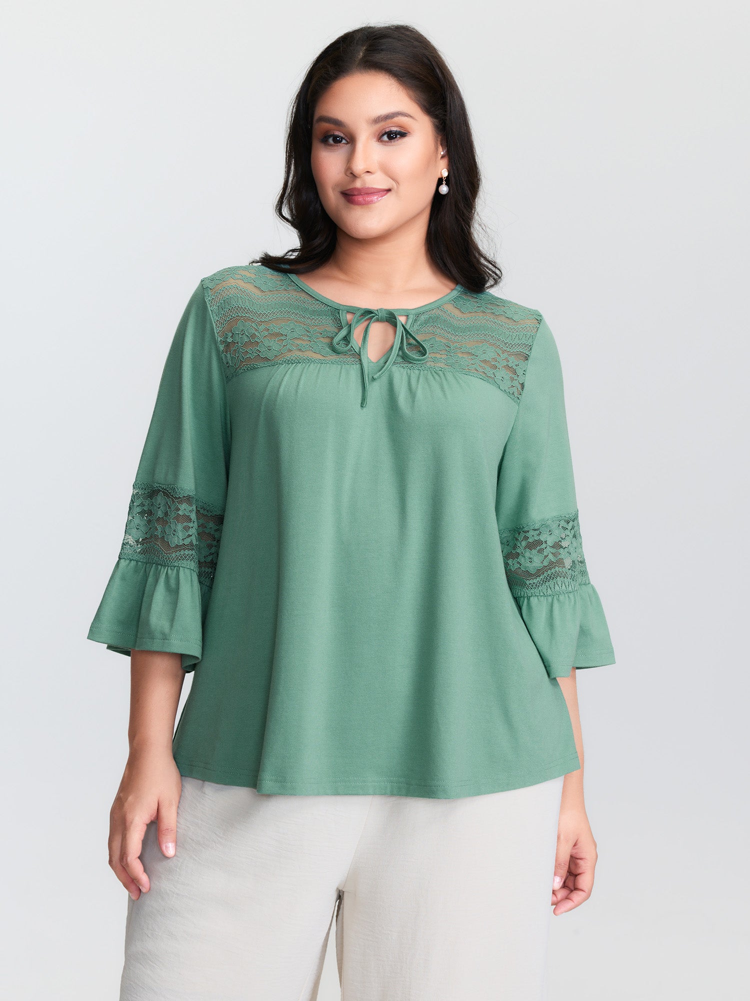 Lace Trim Flared Sleeve Plain Top