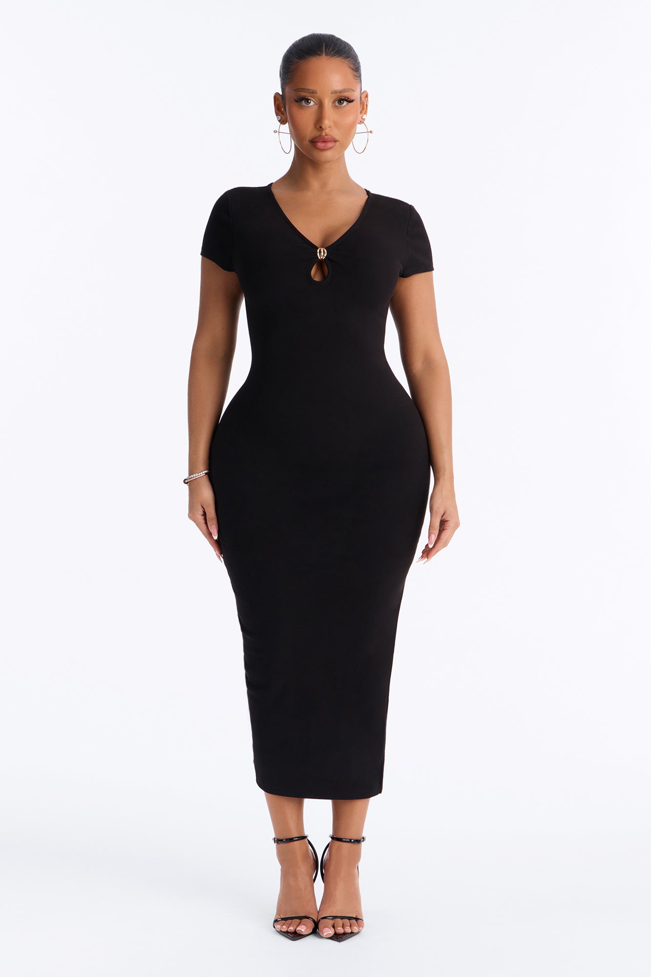 Devin Short Sleeve Midi Dress - Black