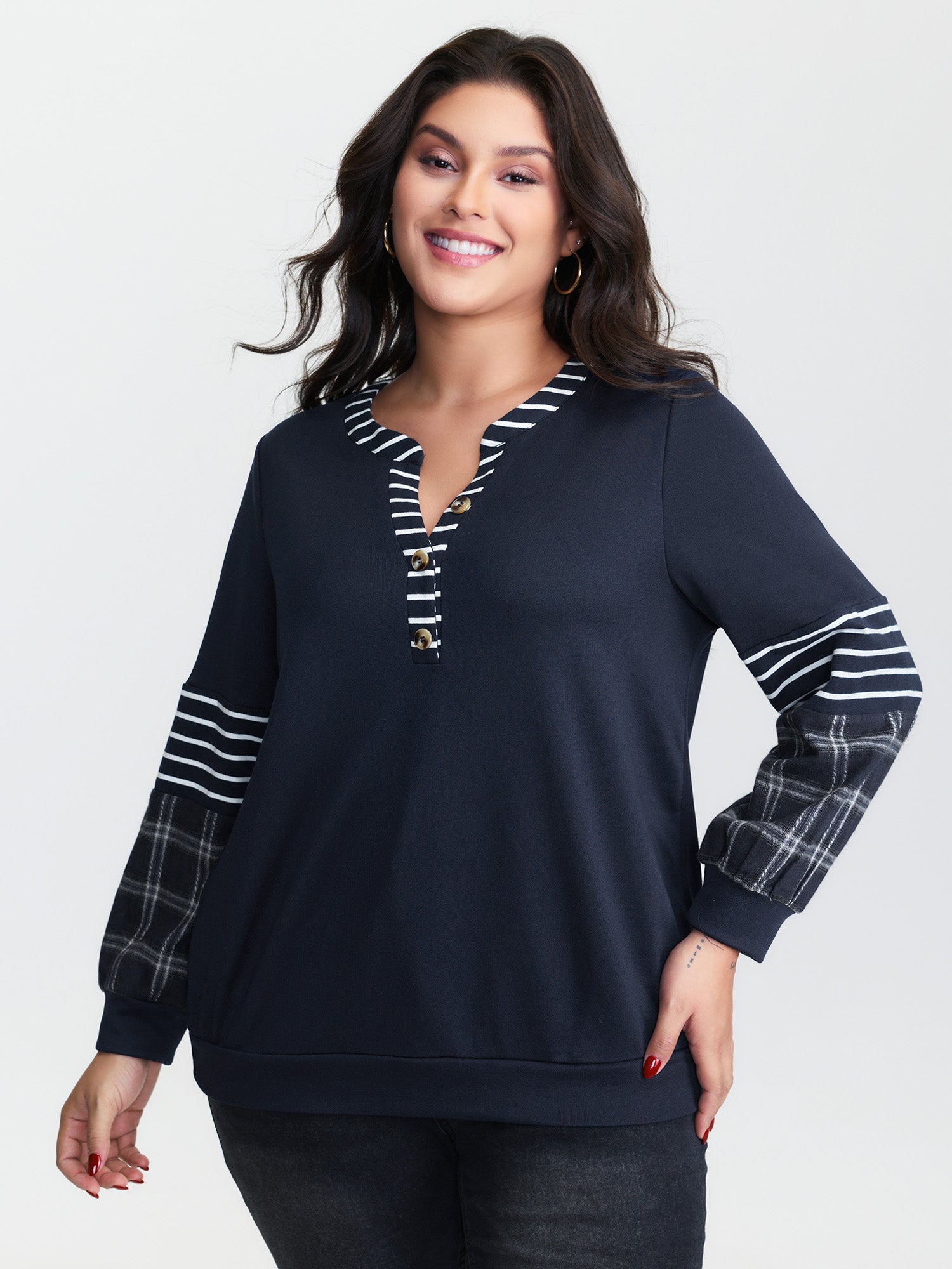 Striped Plaid Split Neckline Sweatshirt