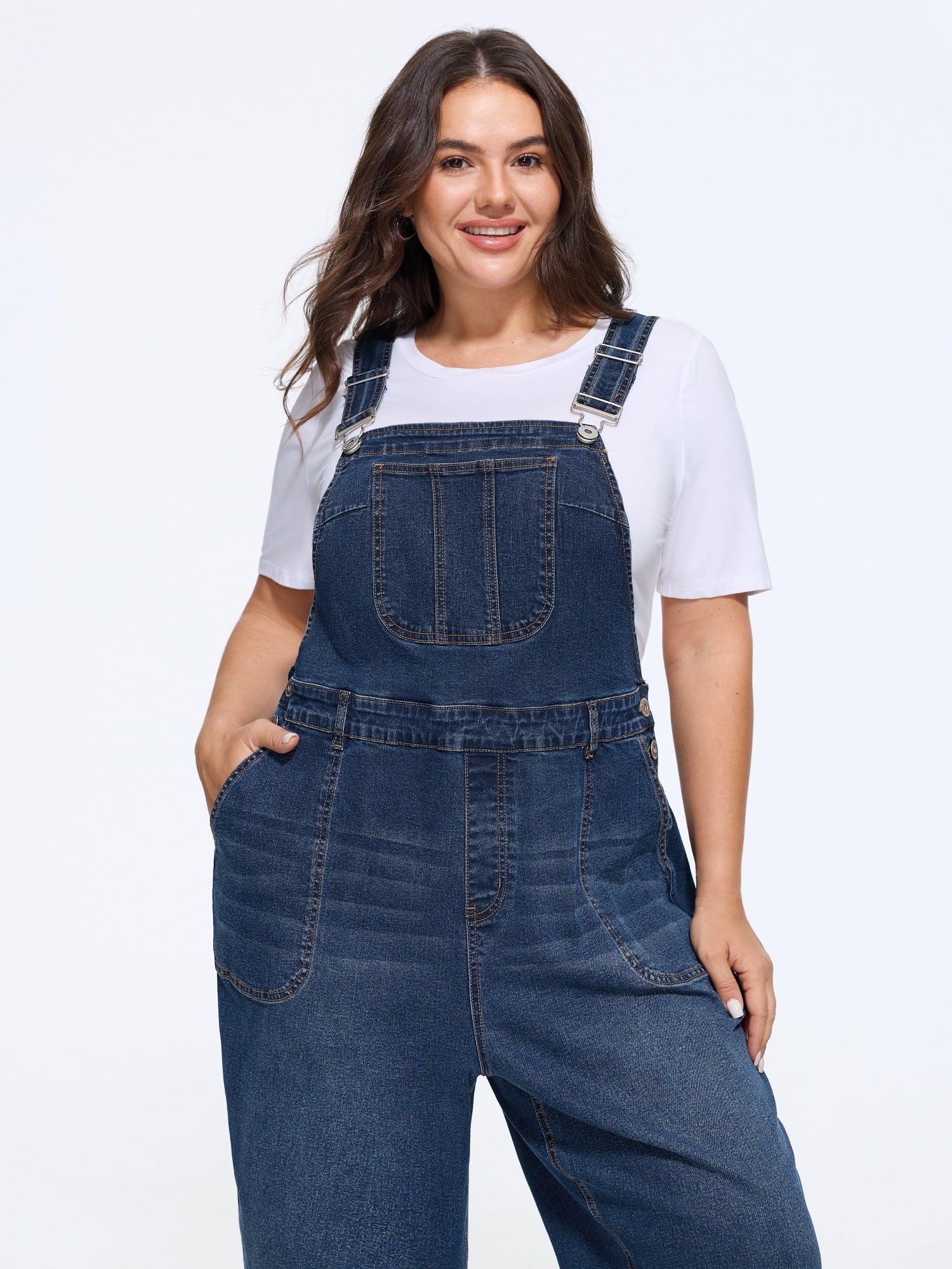 Stretchy Patch Pockets Denim Straight Leg Jumpsuit