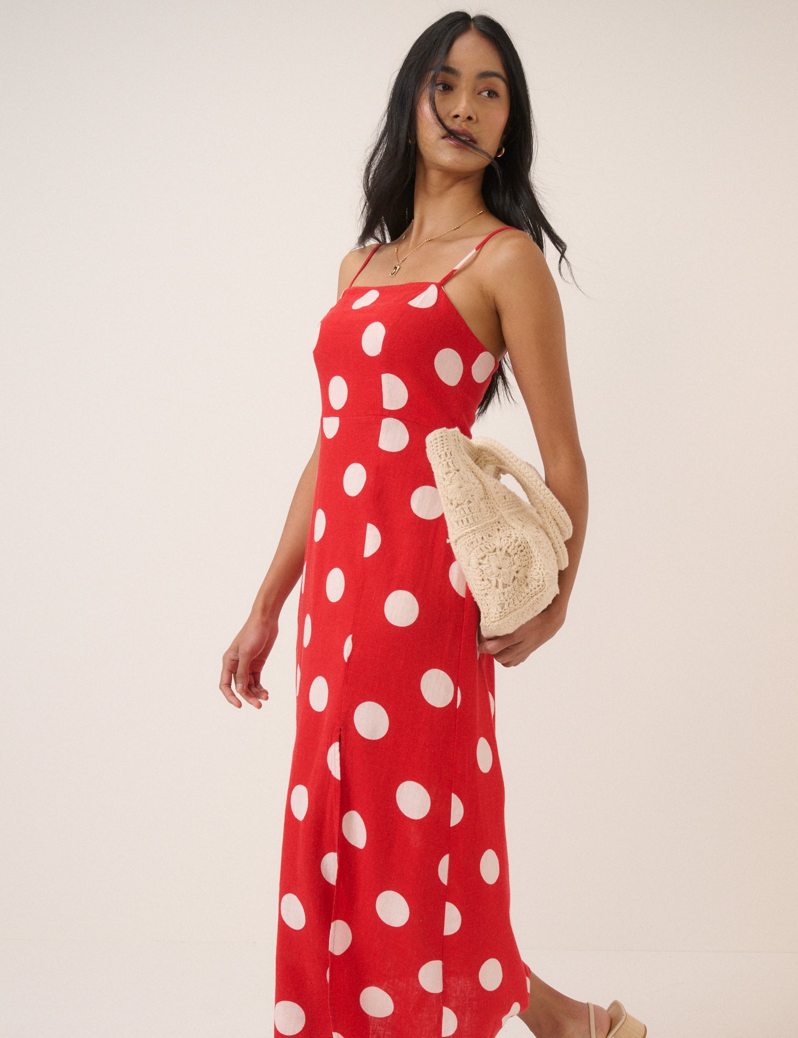 Red Polka Dot Linen-Rich Maddy Midi Dress
