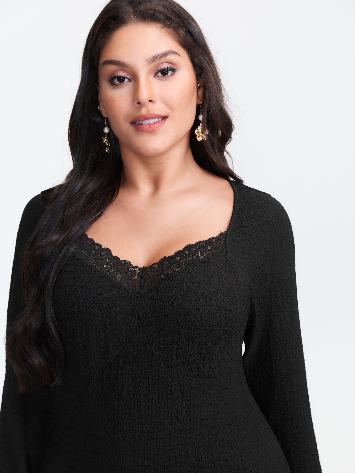 Stretchy Textured Lace Trim Fitted Knit Top