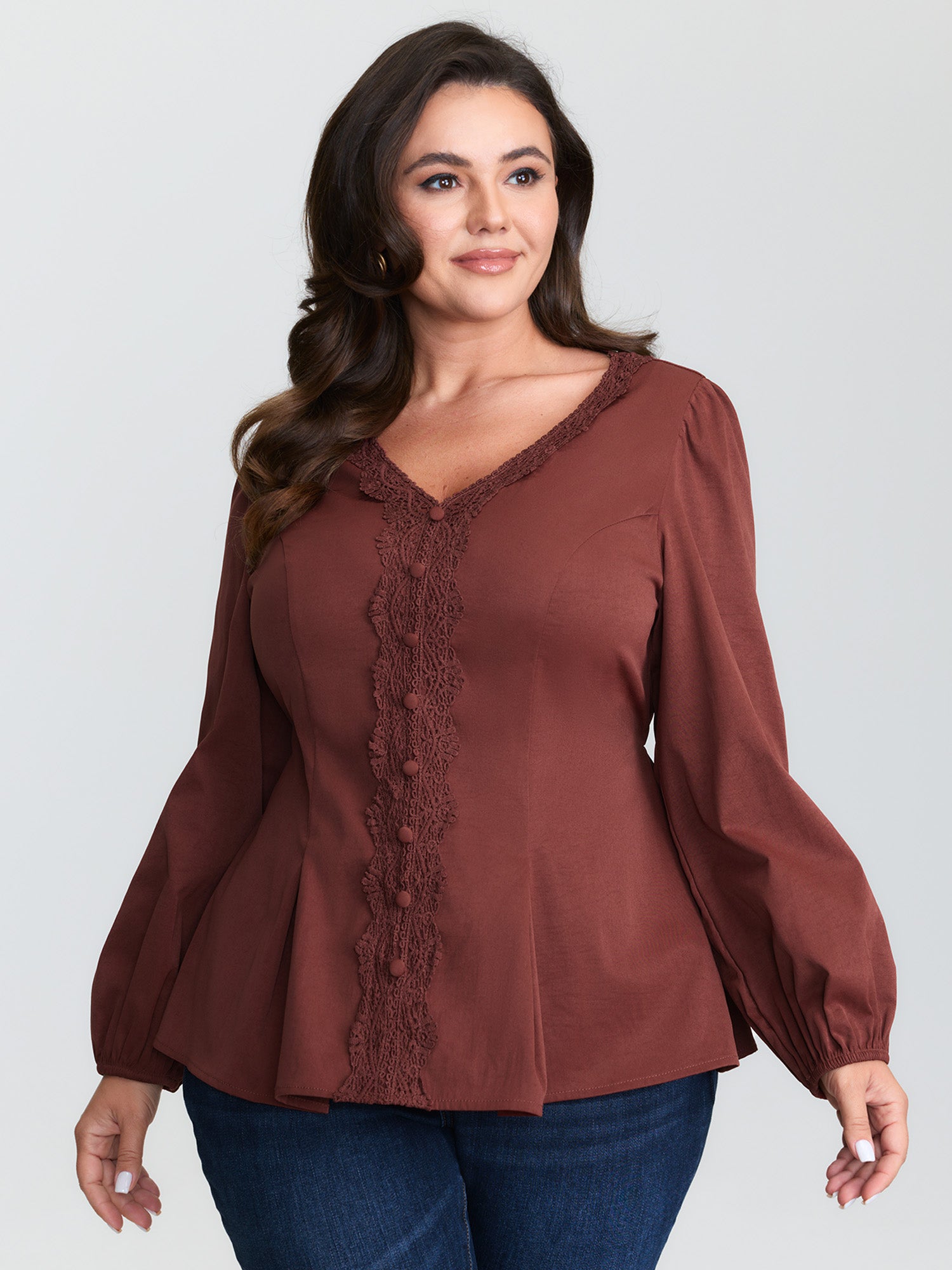 Lace Trim Cinched-Flared Blouse