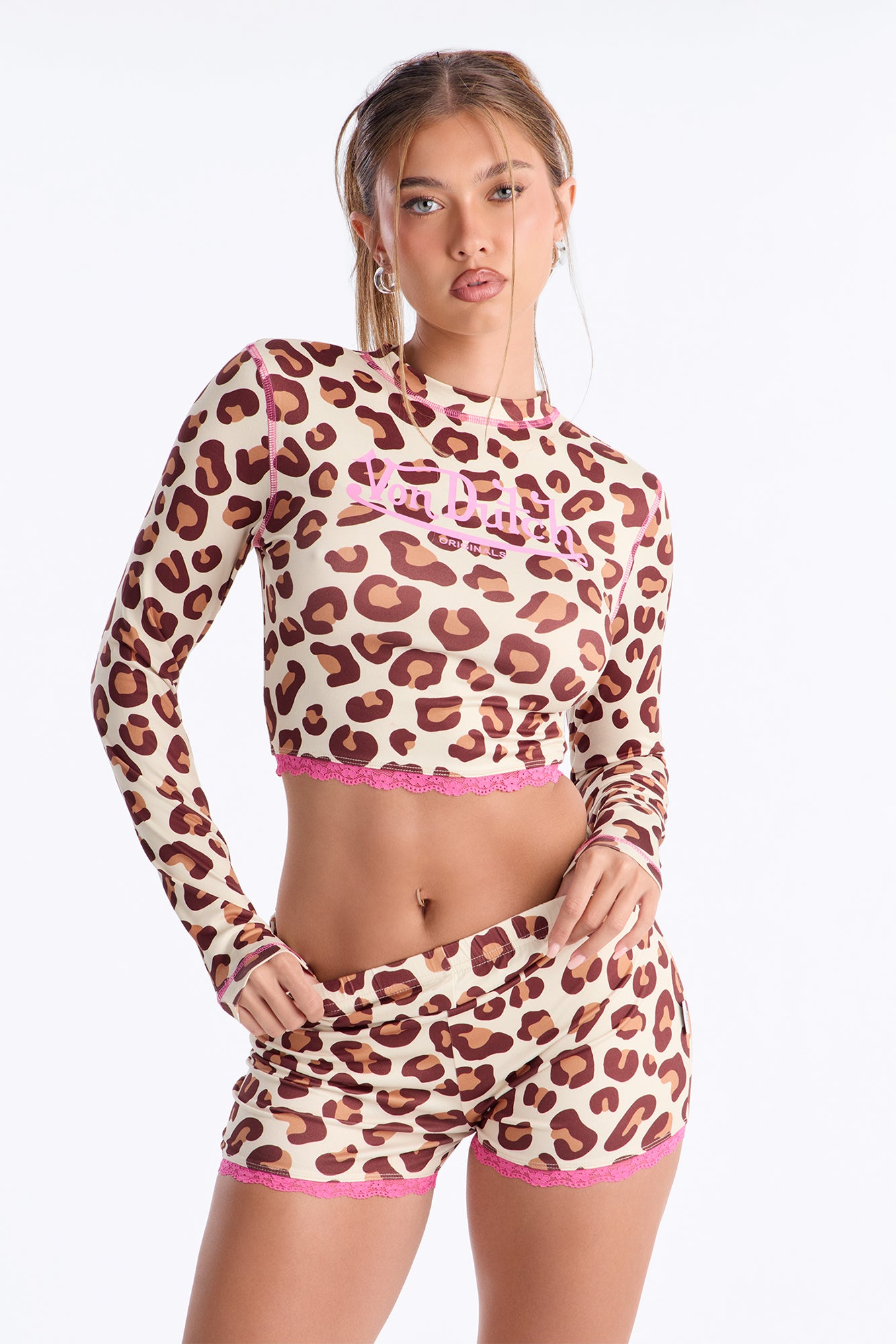 Von Dutch Contrast Lace 2 Piece PJ Short Set - Brown/combo