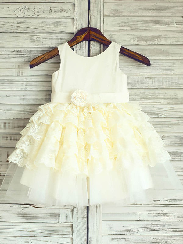 Beautiful Ball Gown Lace Satin Tulle Flower Girl Dresses with Cascading Ruffles