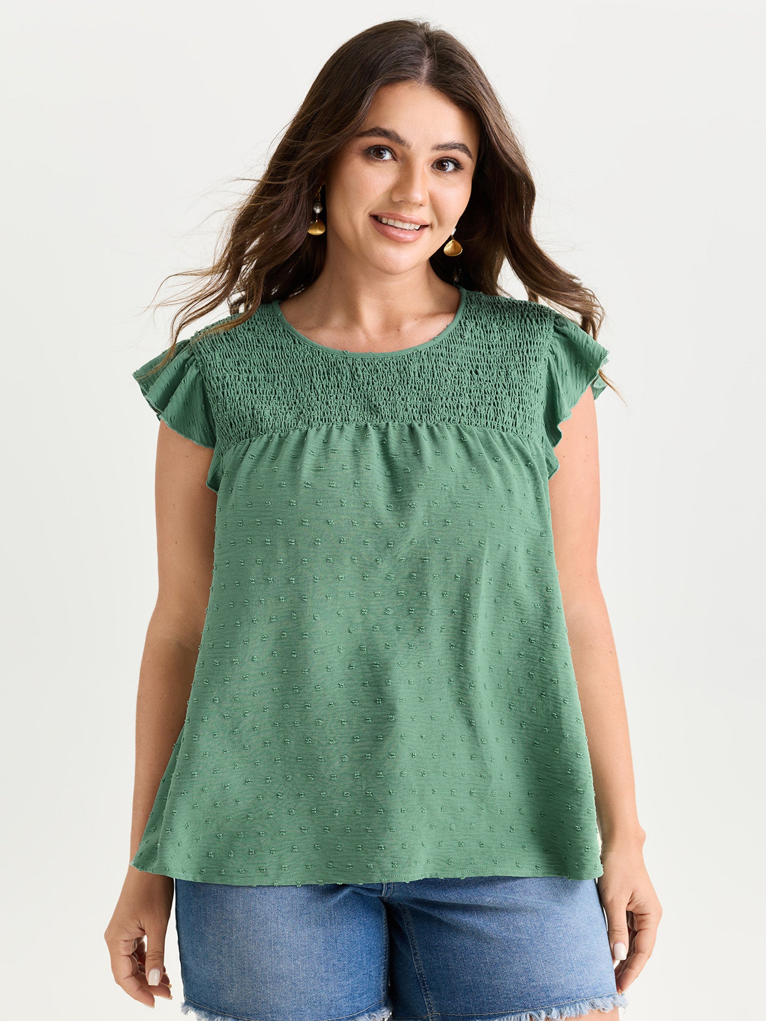 Shirred Round Neckline Flutter Sleeve Blouse