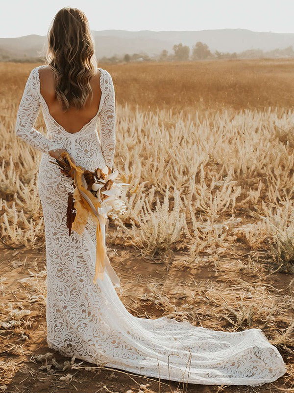 Elegant Sheath Backless Square Neck Long Sleeves Lace Court Train Wedding Dresses