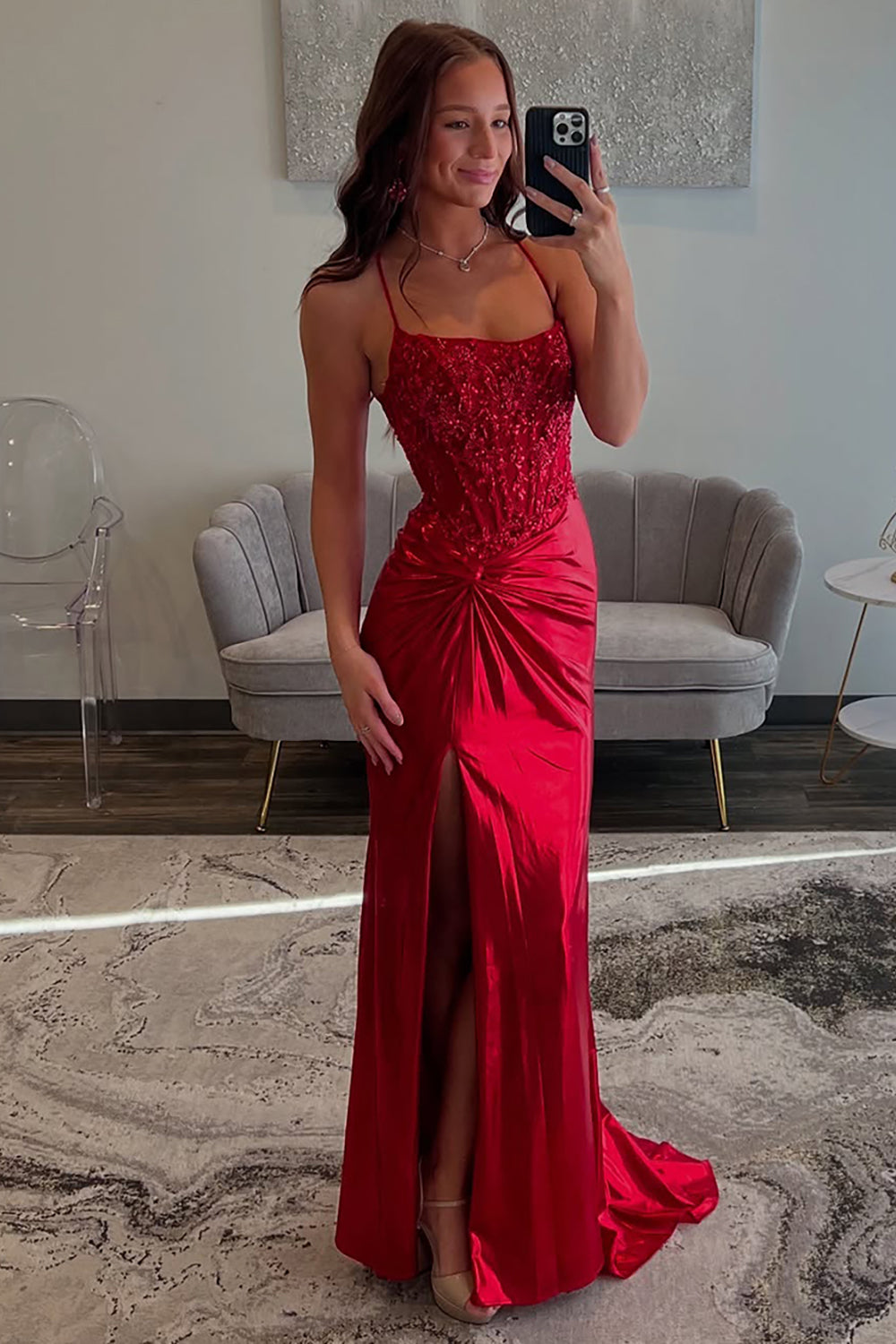 Long Red Satin Prom Dress with Glitter and Ruched Slit