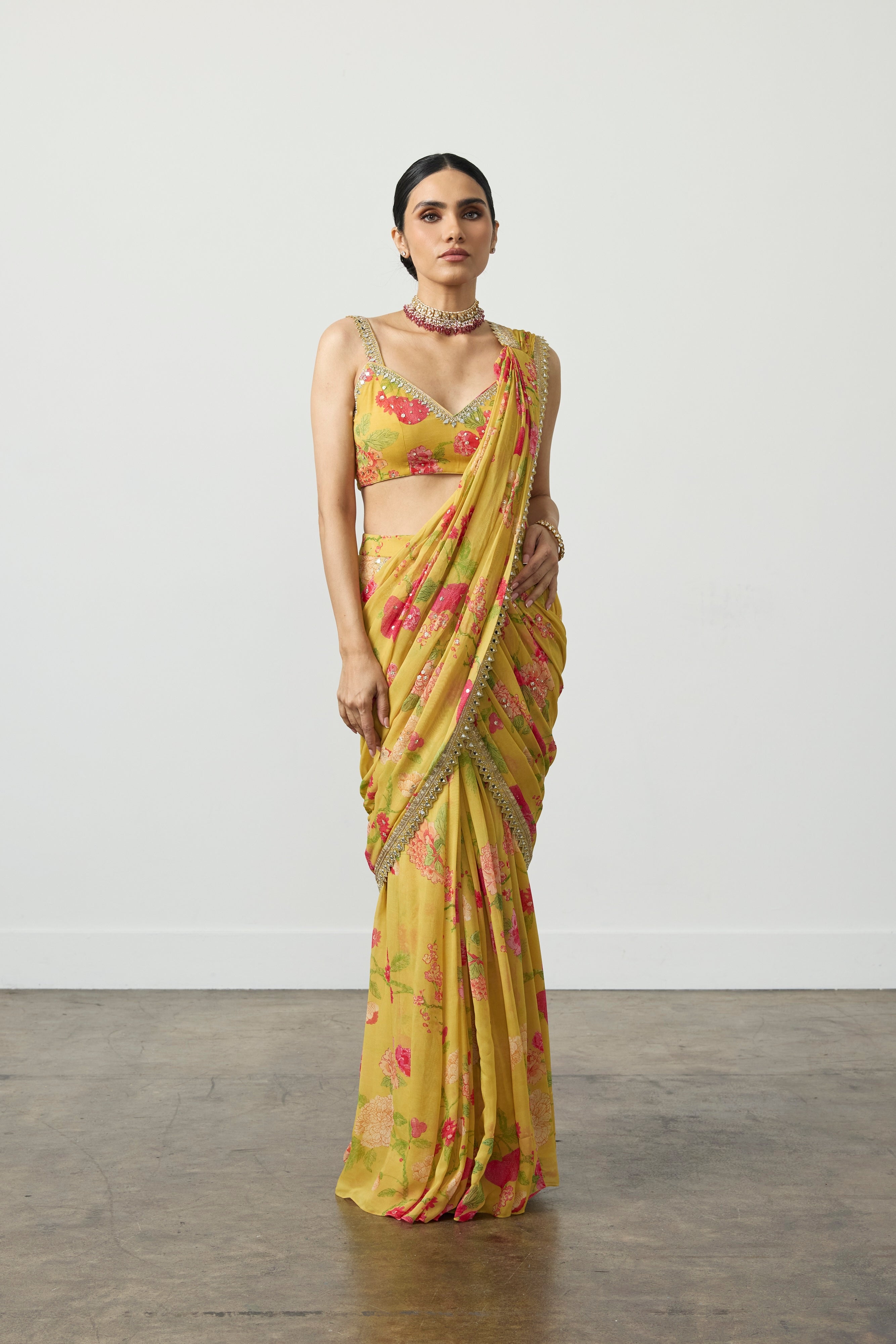 Sunstruck Yellow and Floral Pre-Stitched Sari