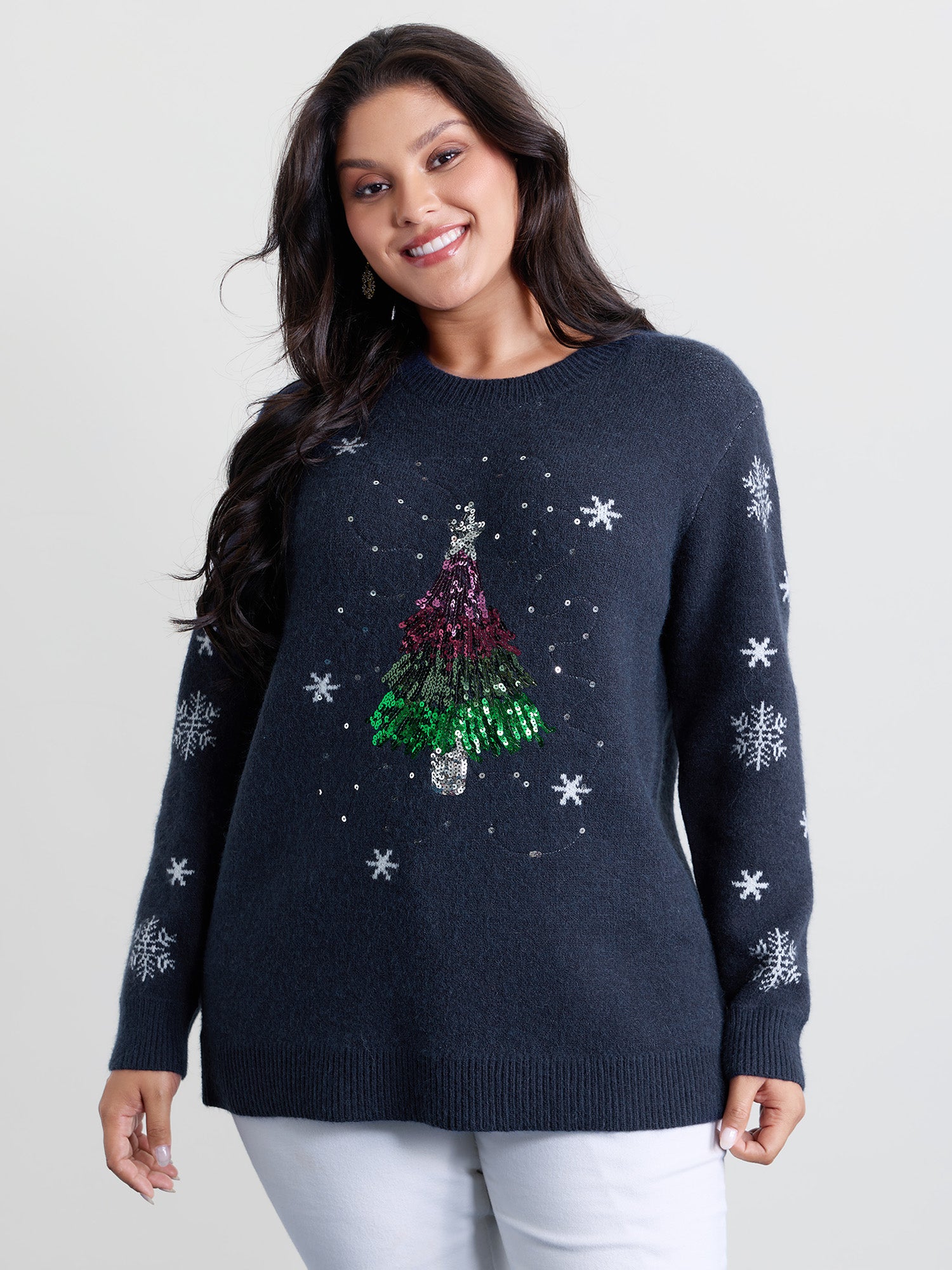 Stretchy Holiday Tree Sequin Embroidery Pullover