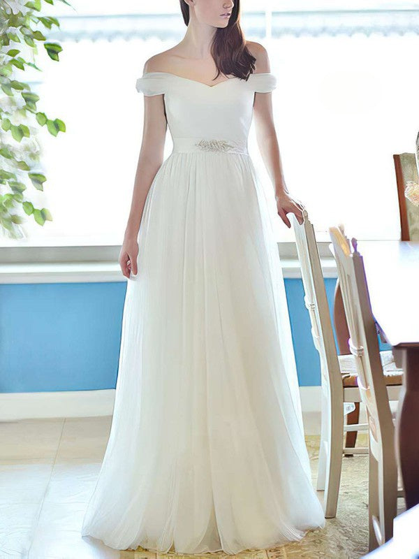 Trendy V-Neck Off-The-Shoulder A-Line Tulle Wedding Dresses with Beading