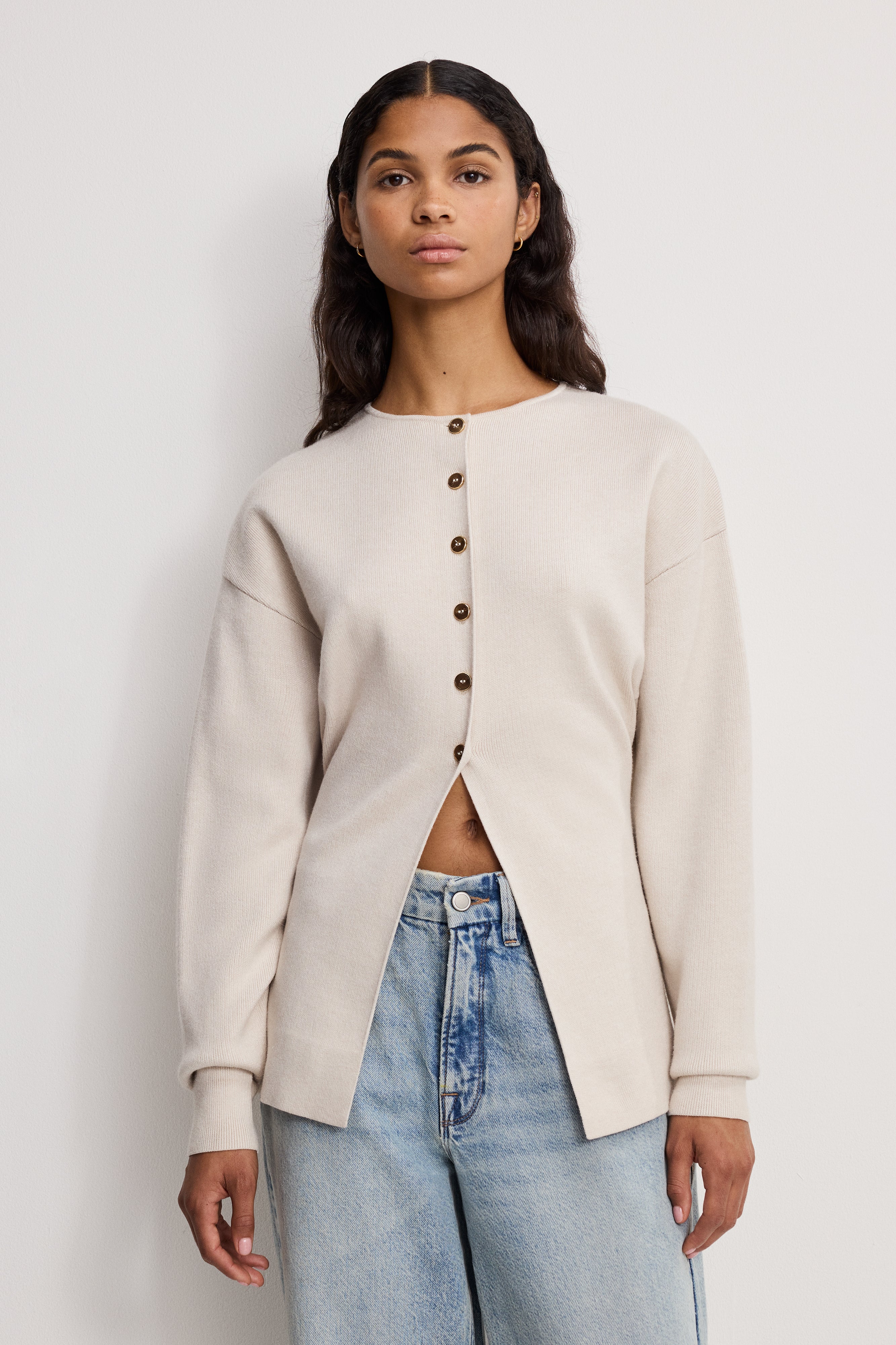 EXAGGERATED SLEEVE CARDIGAN SWEATER | LIGHT TAUPE