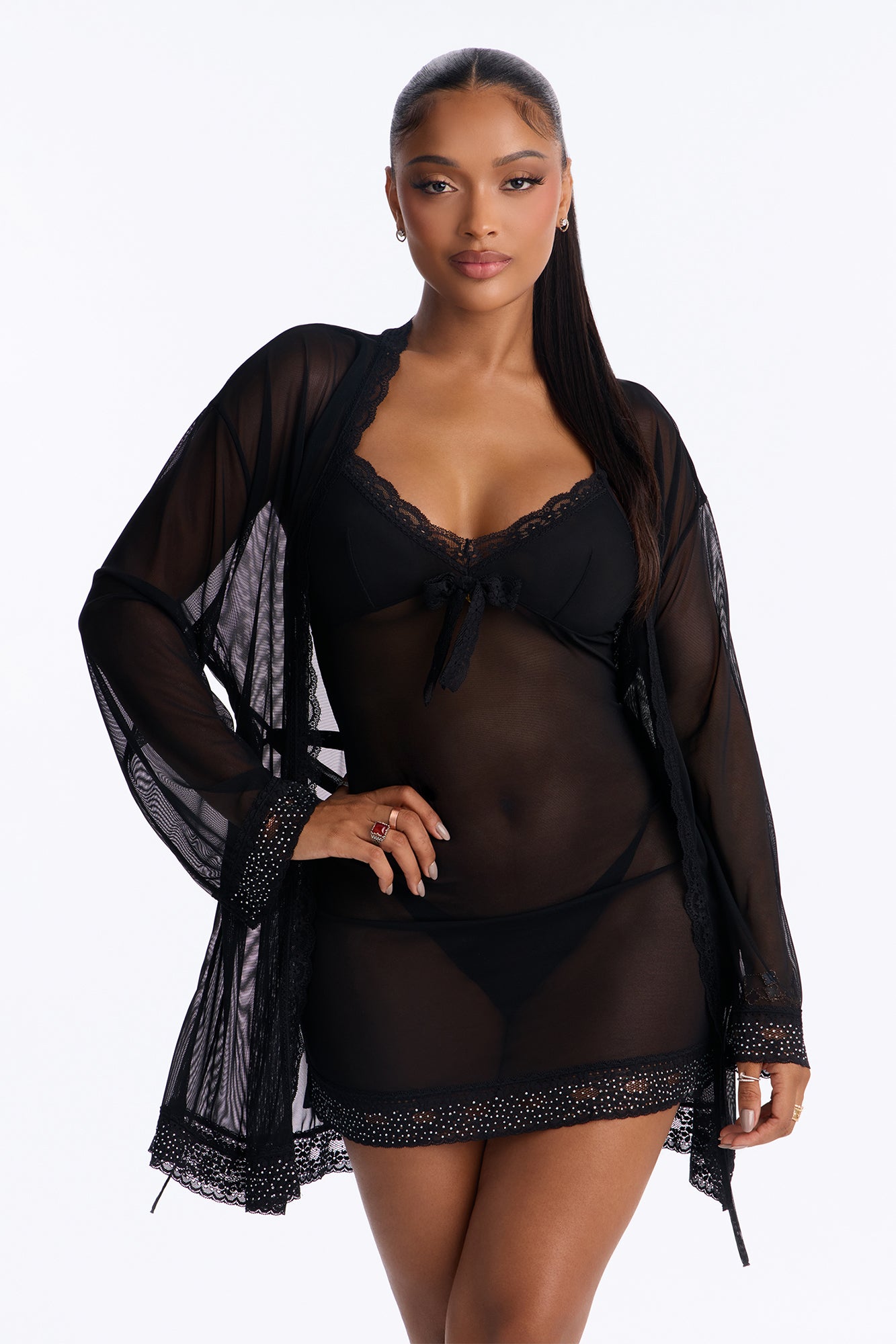 Miss Me Sheer Rhinestone Chemise 3 Piece Robe Set - Black