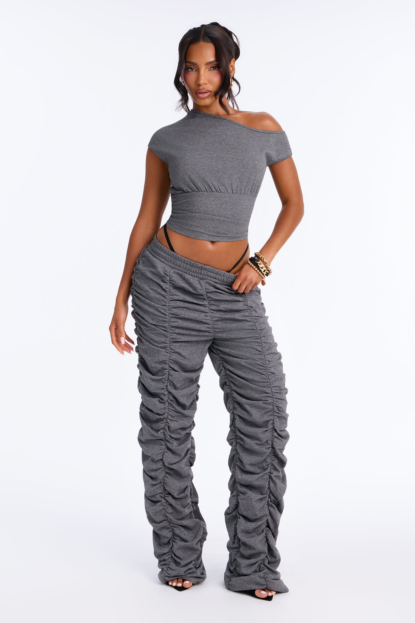 Riley Ruched French Terry Pant Set - Charcoal
