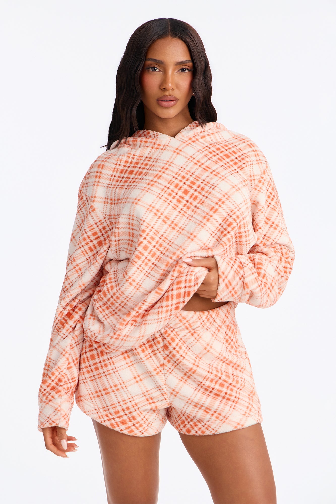 Sleep Over Plaid Plush Hoodie PJ Short Set - Orange/combo
