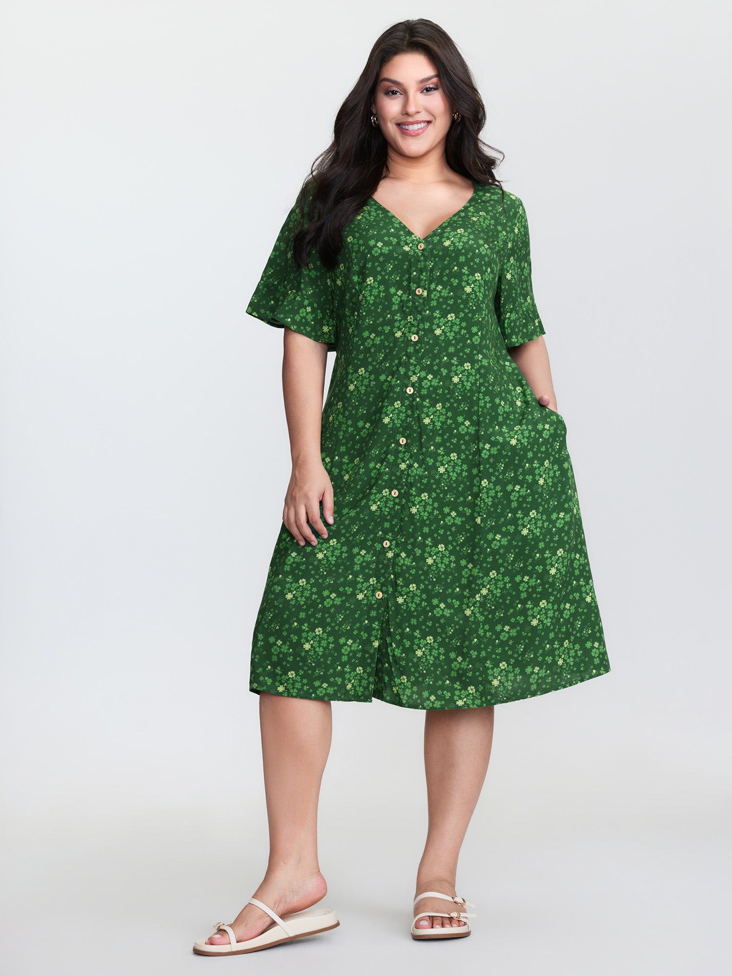 Four Leaf Clover Print Button Mini Dress