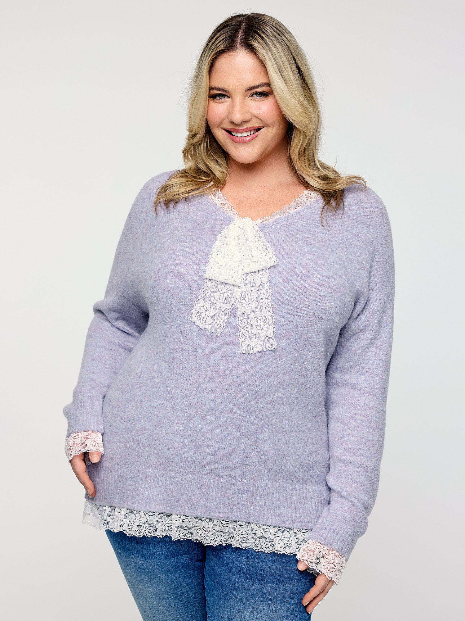 Lace Bowtie V-Neck Pullover