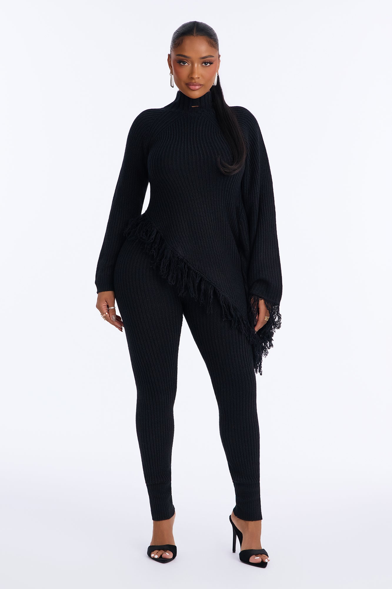 Wynona Fringe Sweater Pant Set - Black