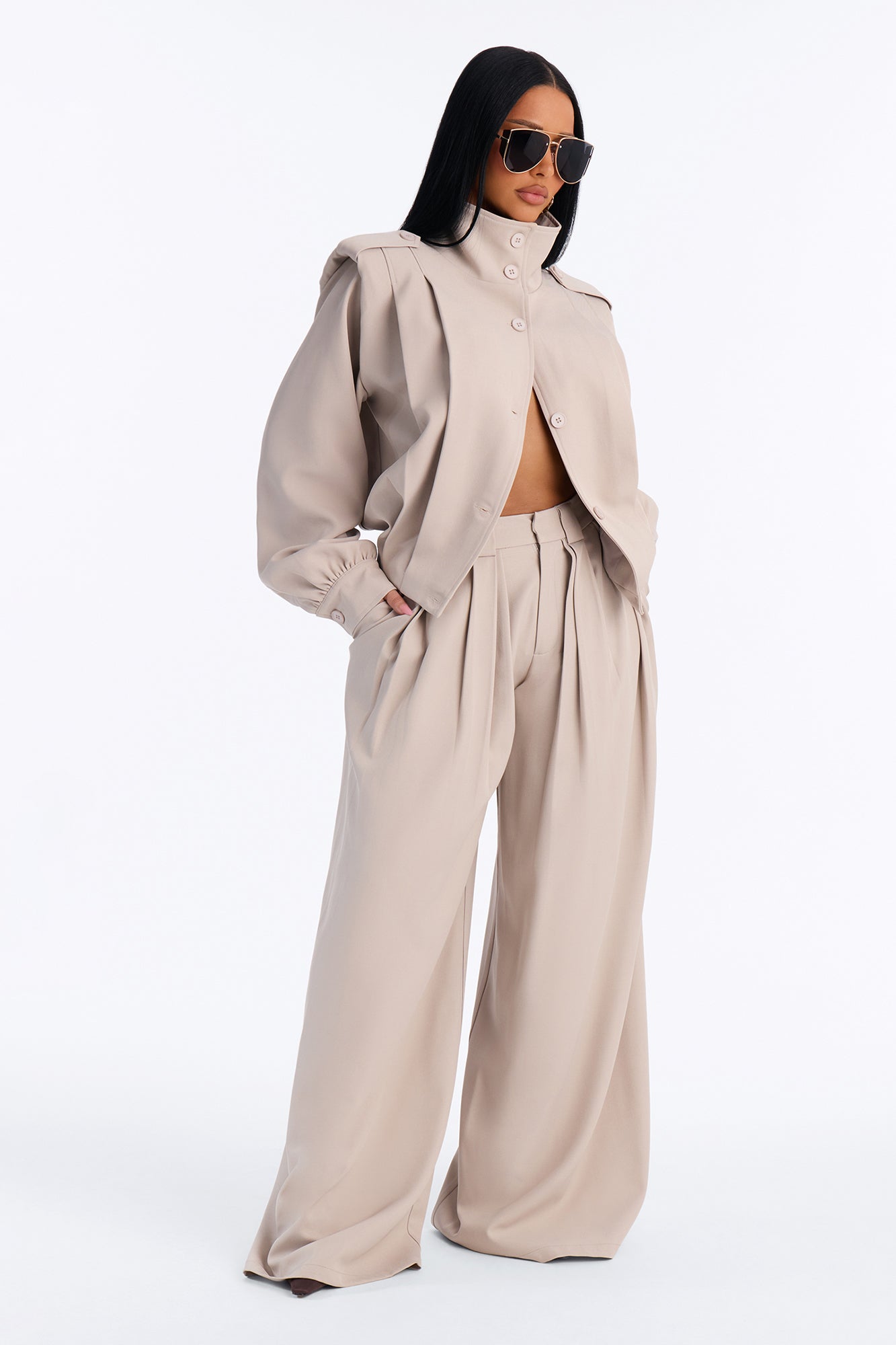 Ella Twill Shoulder Pad Bomber Jacket - Khaki