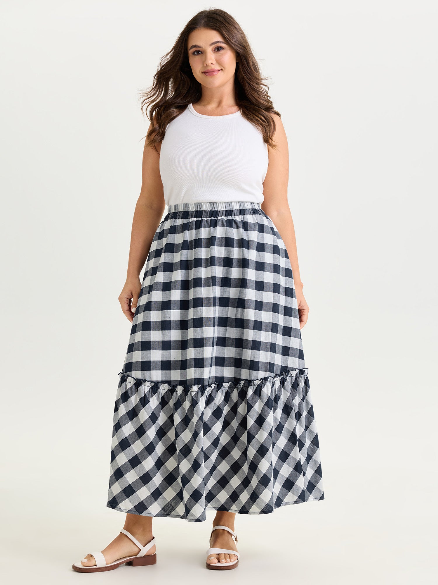 Cotton Asymmetrical Check Print Pockets Maxi Skirt