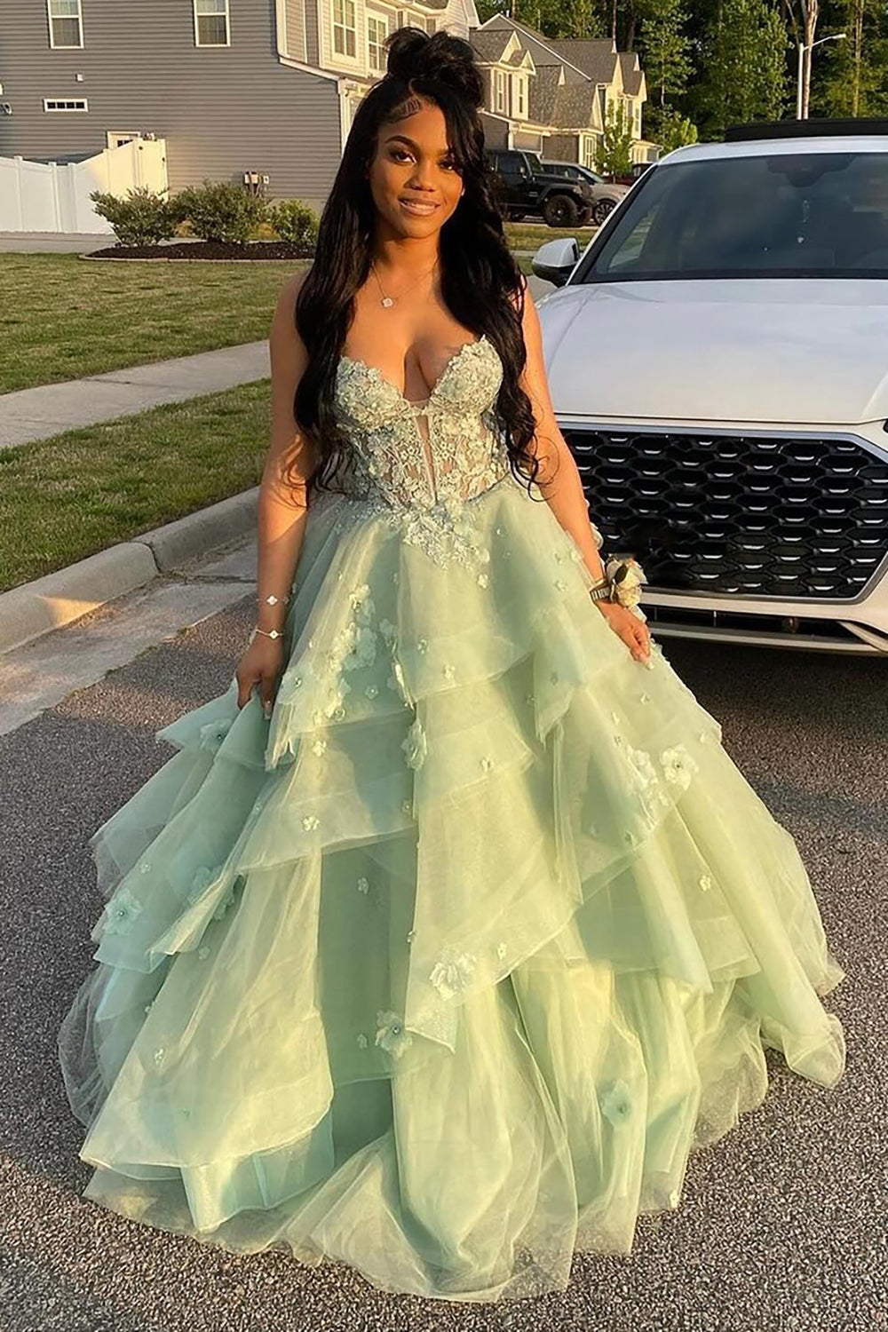 Long Corset Prom Dress in Sage Green with Spaghetti Straps A-Line Tulle Tiered Design and Appliques