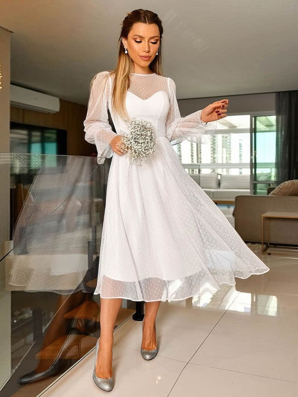 Stylish A-Line Long Sleeves Tulle Tea-Length Wedding Dresses