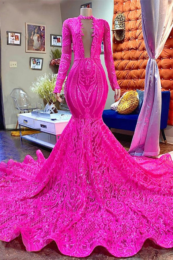 Charming Pink Long Sleeves Sweep Evening Dress