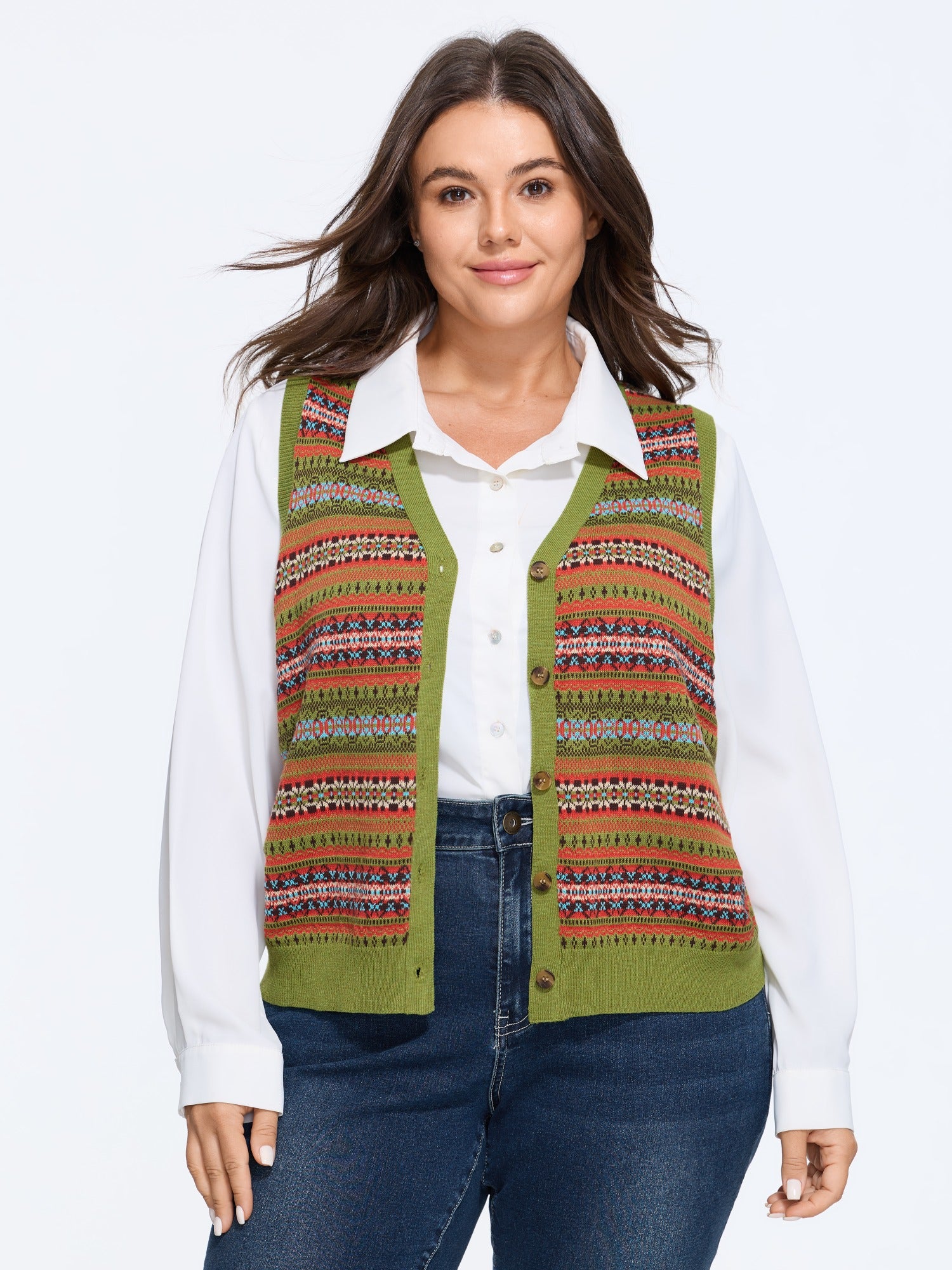 Boho Striped V Neck Button Front Sweater Vest