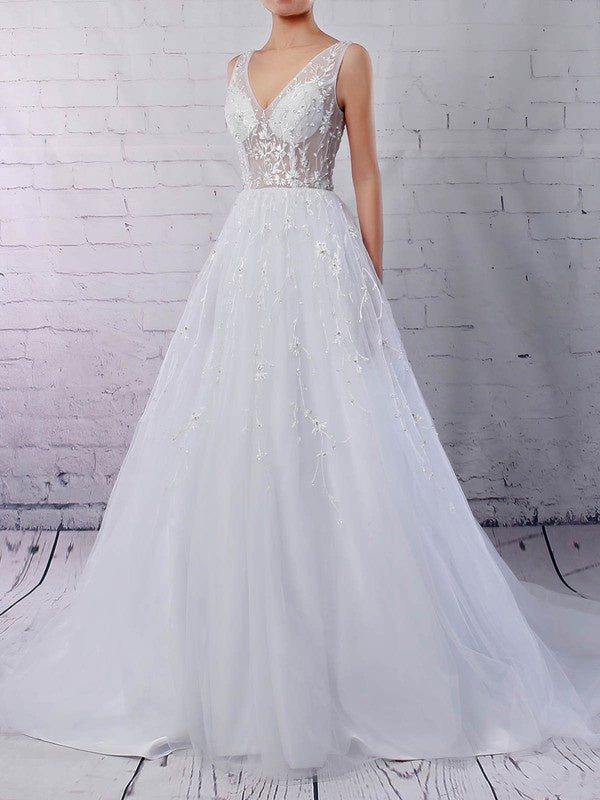 Charming V-Neck Sleeveless Lace Sweep Train  Ball Gown Wedding Dresses