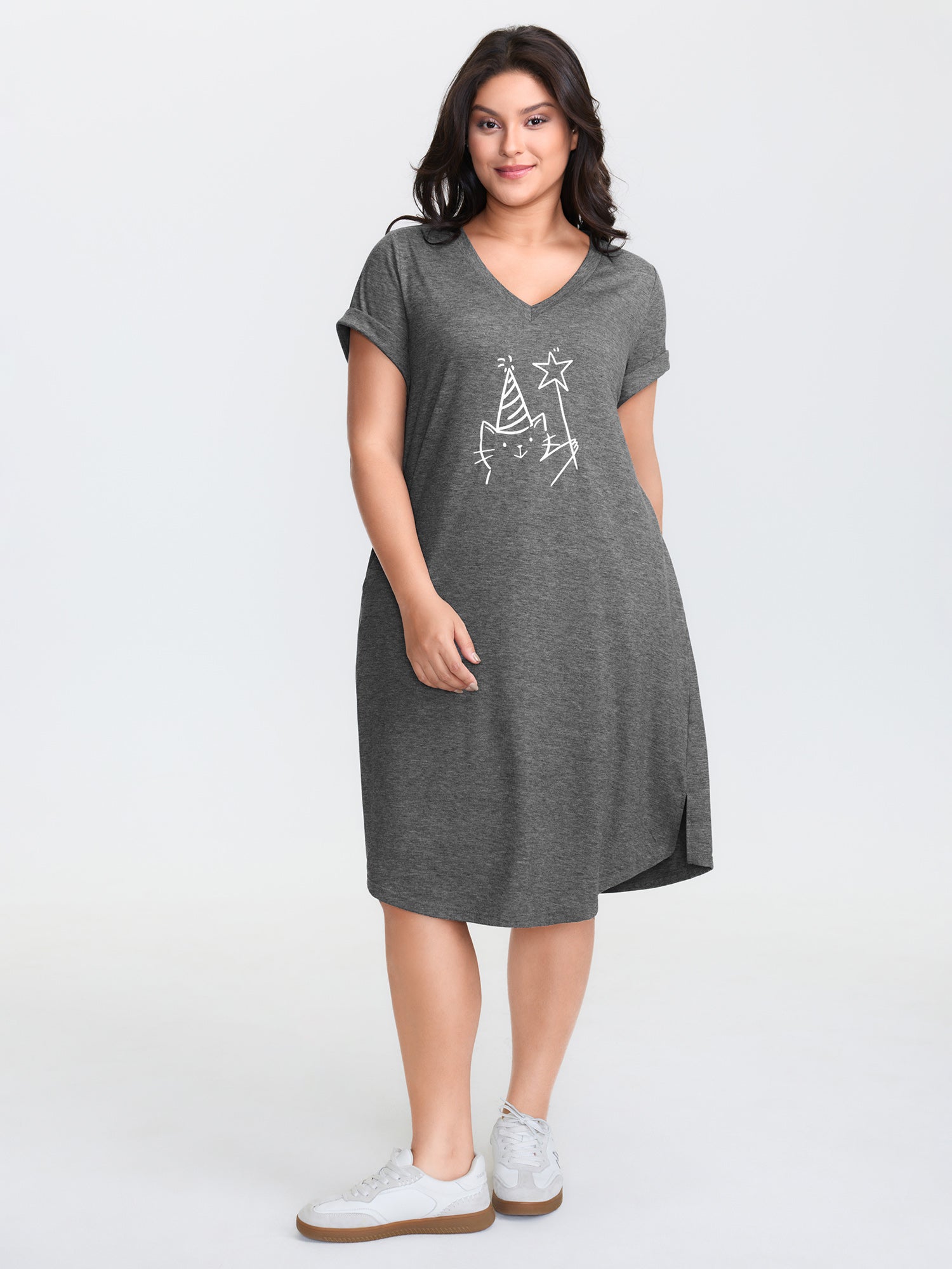 Supersoft Happy Cat Motif V-Neck Mini Dress