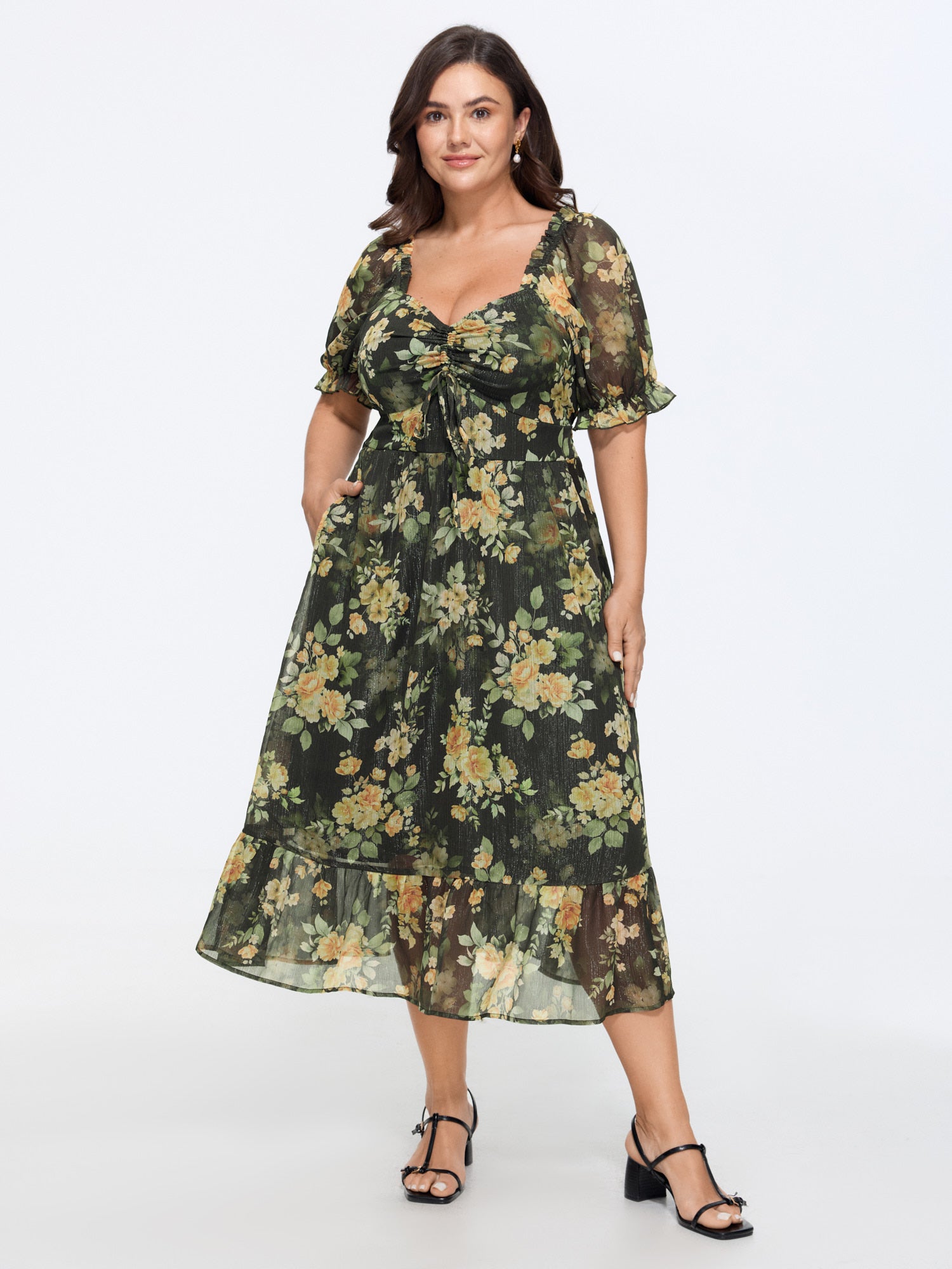 Floral Print Puffy Sleeve Midi Dress