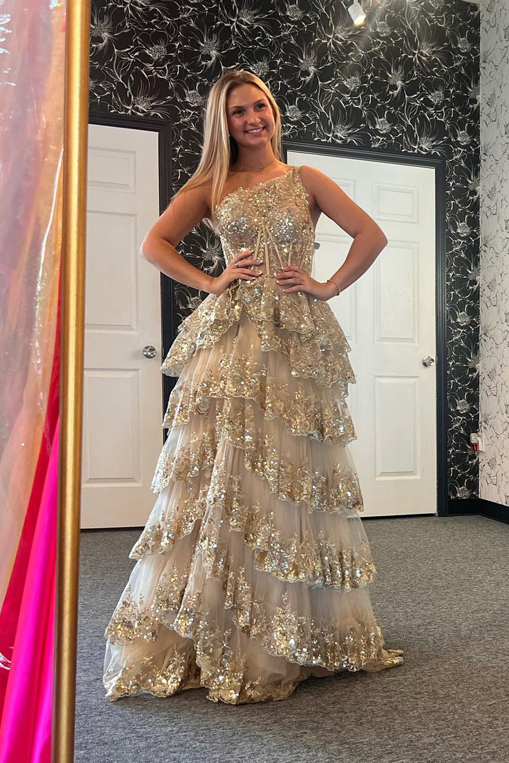 Gold Sequin One-Shoulder Long Corset Prom Dress with Sparkly Tulle Tiered A-Line and Slit