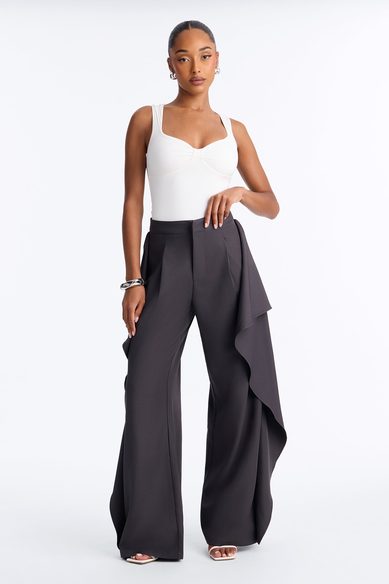 Tessa High Rise Ruffle Layered Trouser - Charcoal