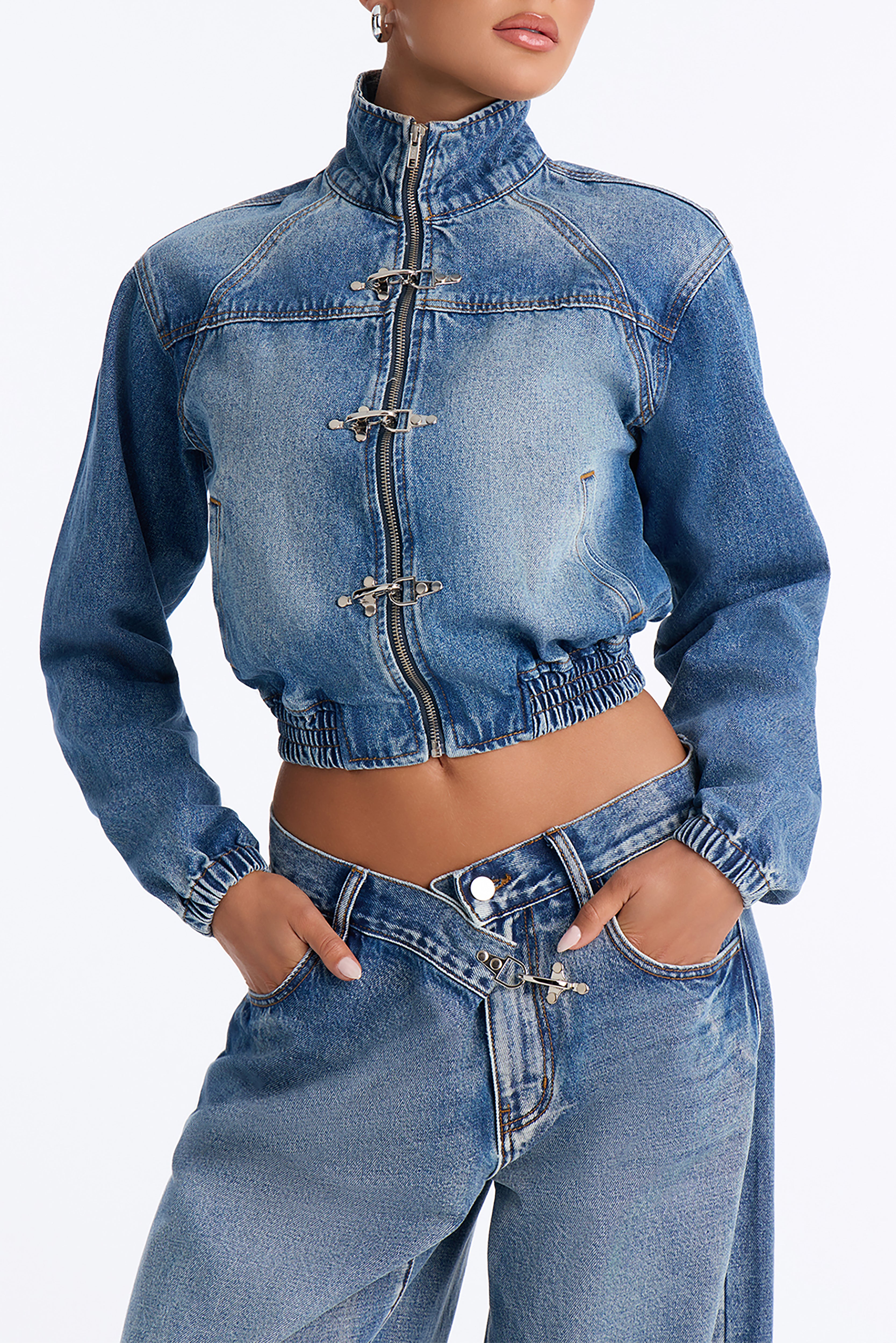 Canton Clasp Denim Bomber Jacket - Dark Wash