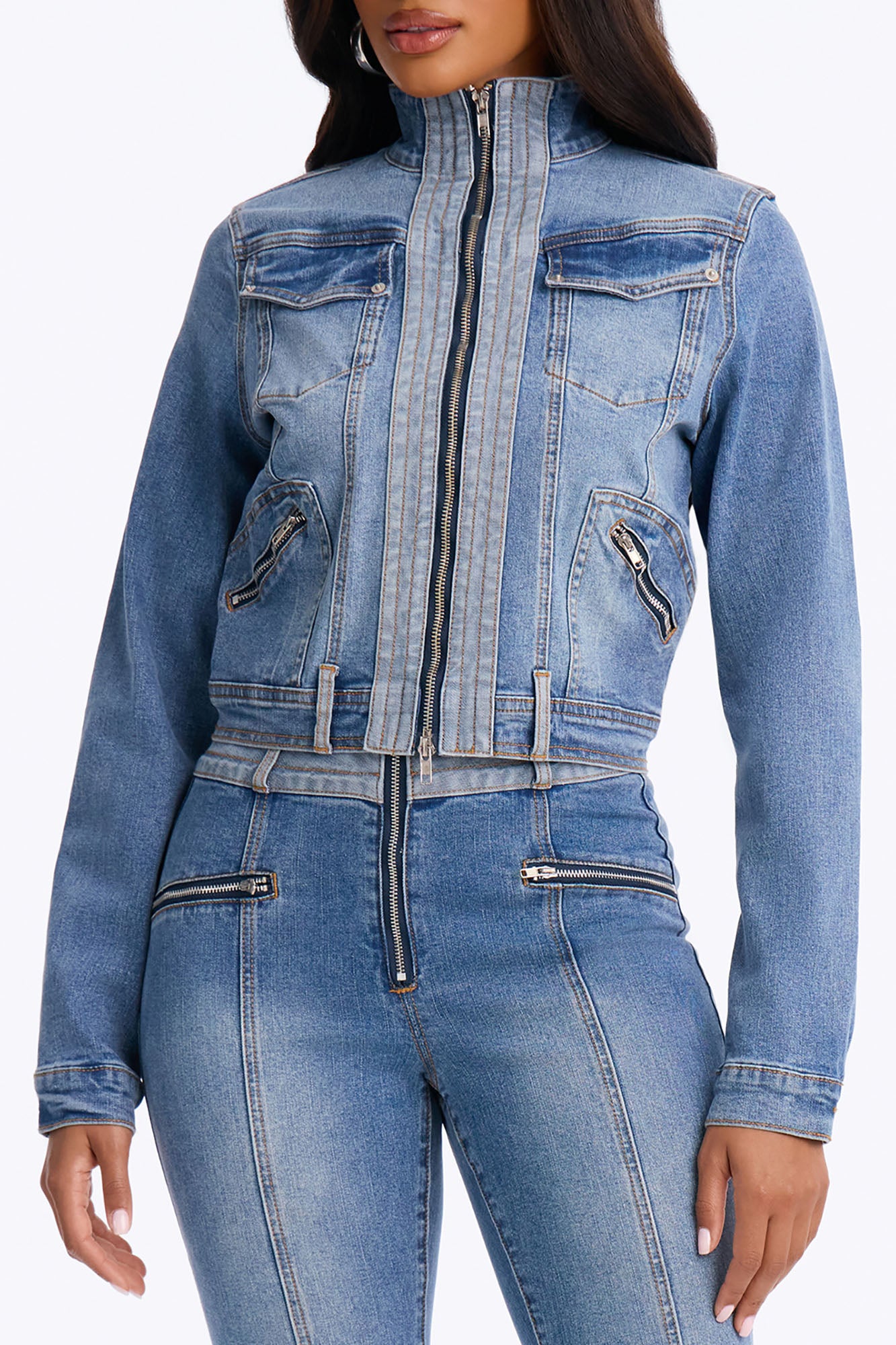 Take A Ride Two Tone Stretch Moto Denim Jacket - Medium Wash