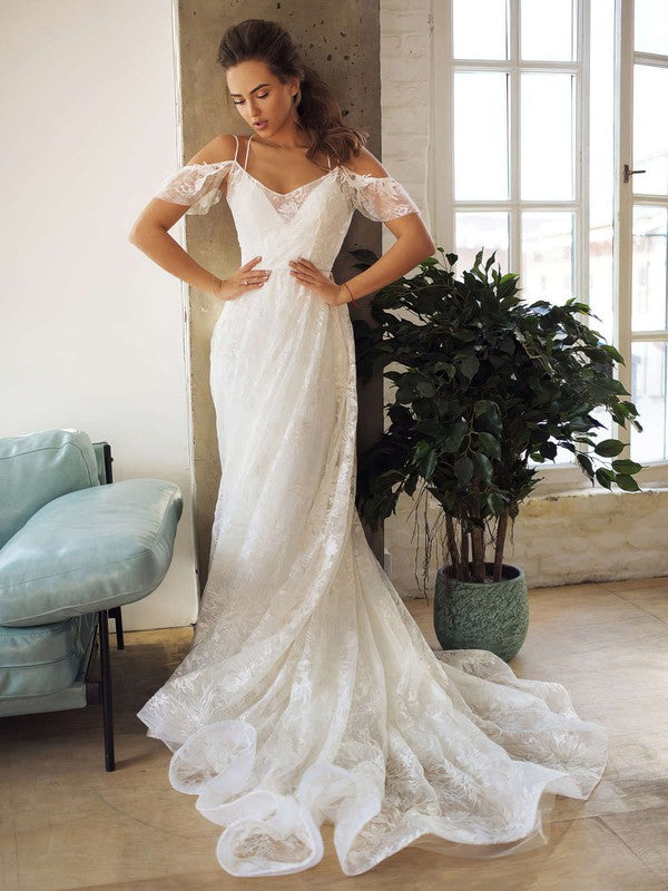 Fabulous A-Line Off-The-Shoulder V-Neck Lace Sweep Train Wedding Dresses