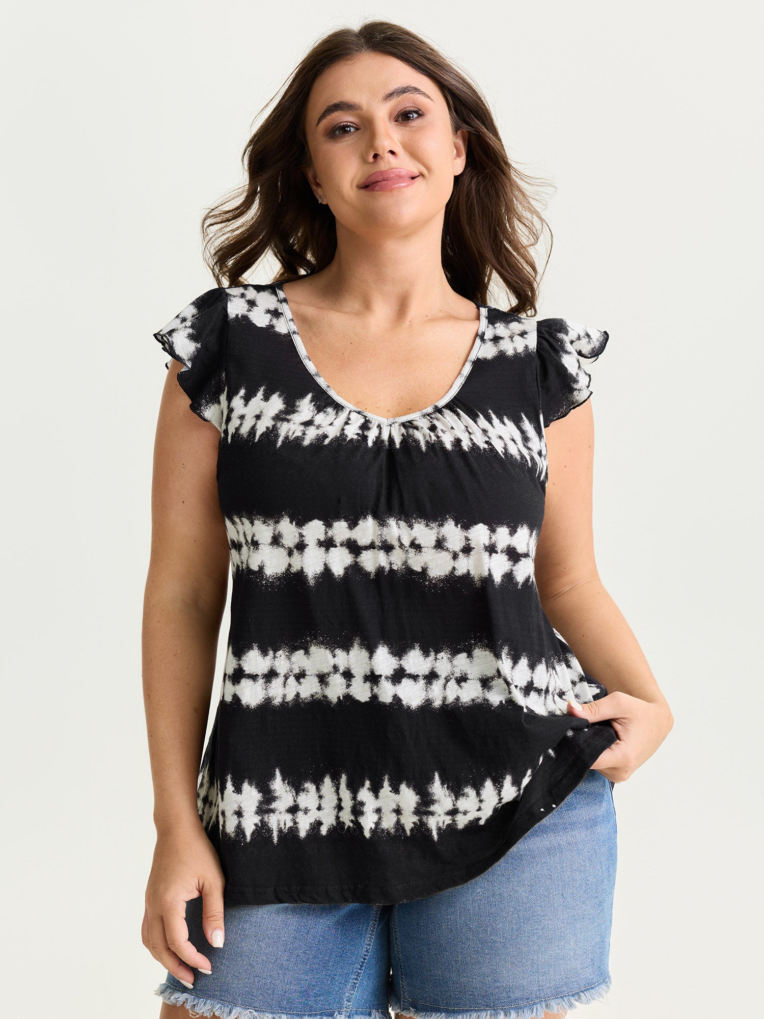 Cotton Stretchy Tie-Dye Effect Stripes Knit Top
