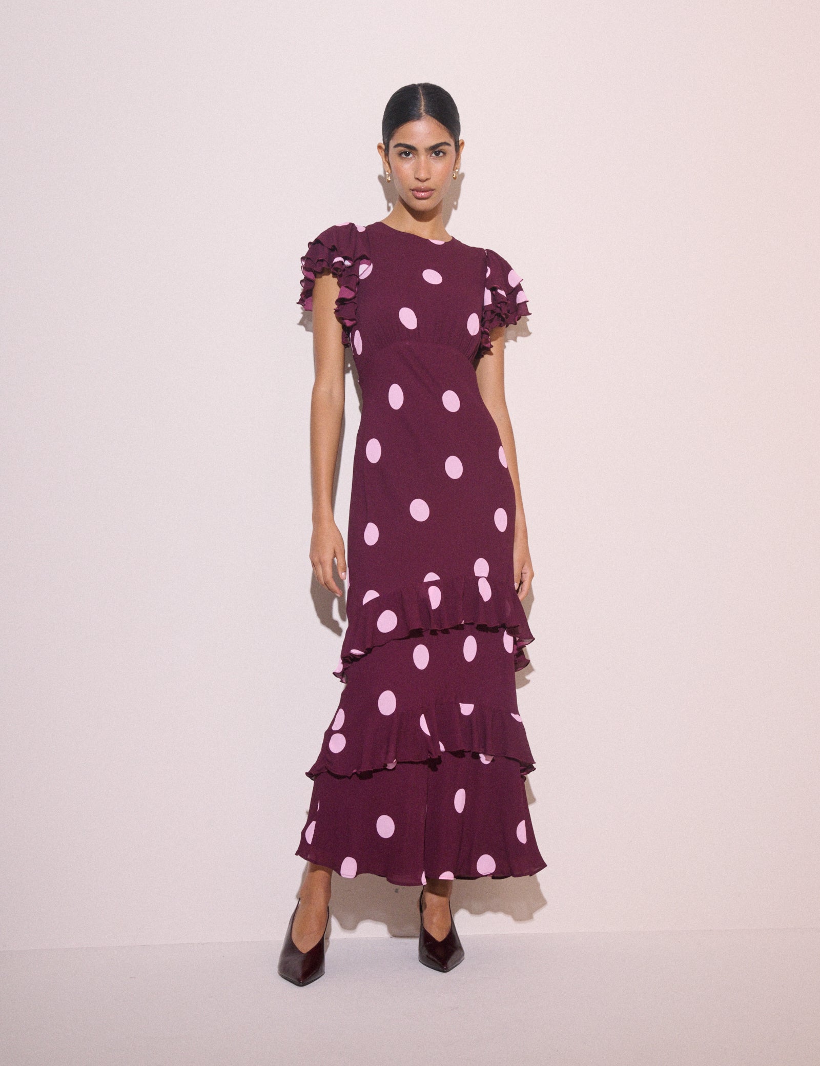 Burgundy Polka Dot Ruffle Marley Maxi Dress