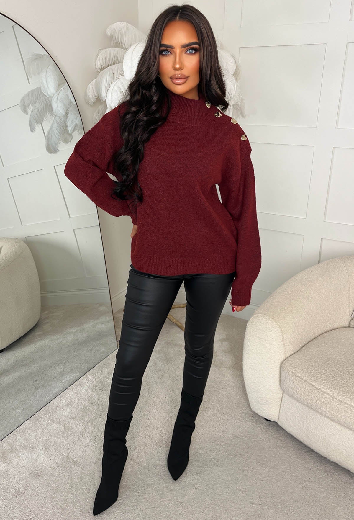 Luxe Chic Berry Gold Button Detail High Neck Jumper