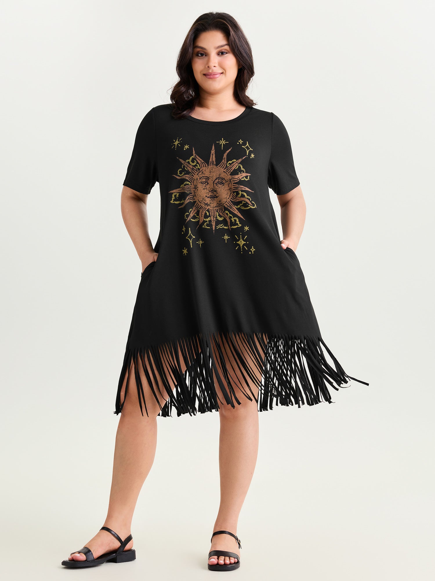Sunkissed Print Fringe Hem T-Shirt Midi Dress