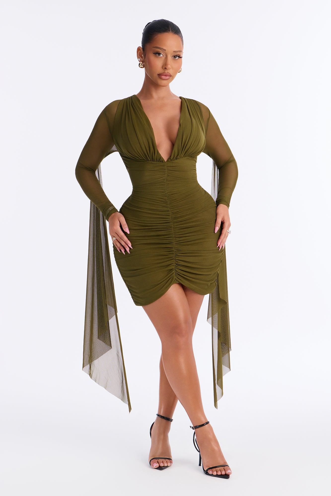 Roxana Draped Long Sleeve Mesh Mini Dress - Olive