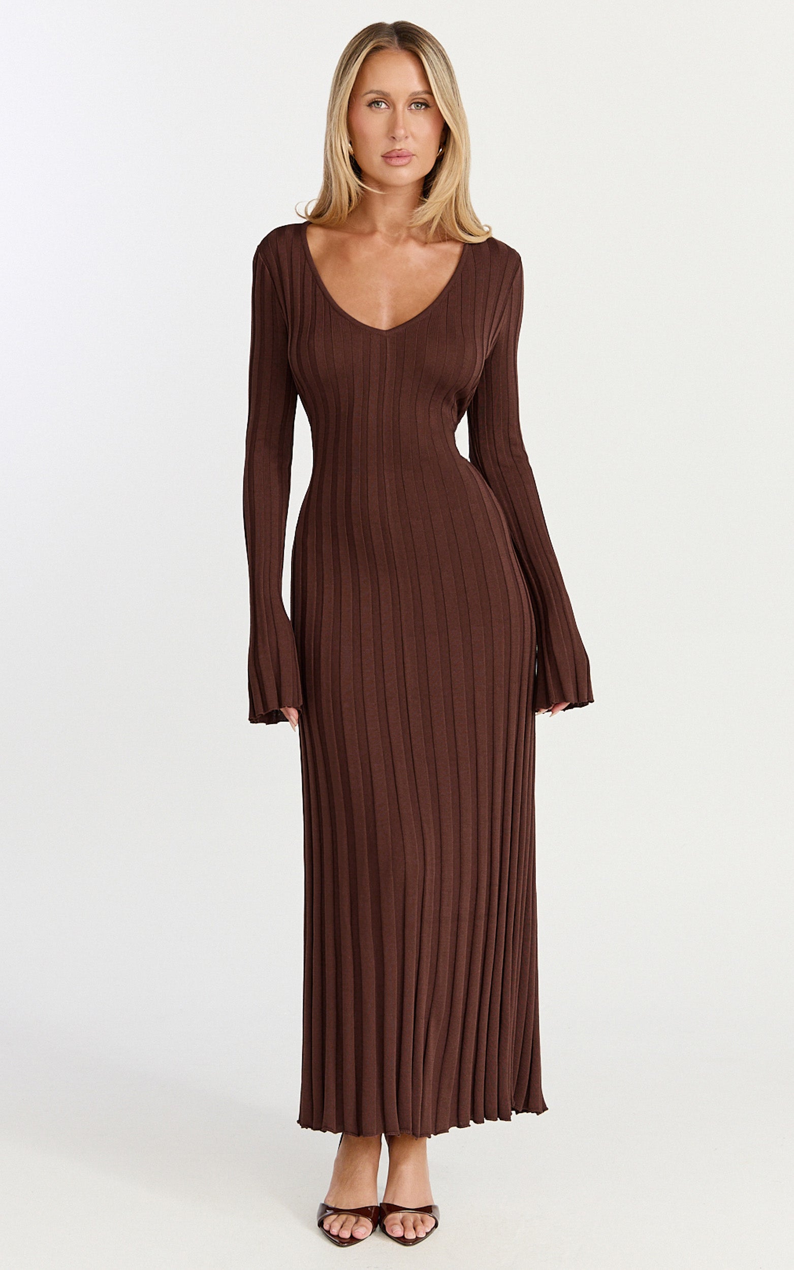 Astra Maxi Dress - V Neck Long Sleeve Knit Dress in Chocolate