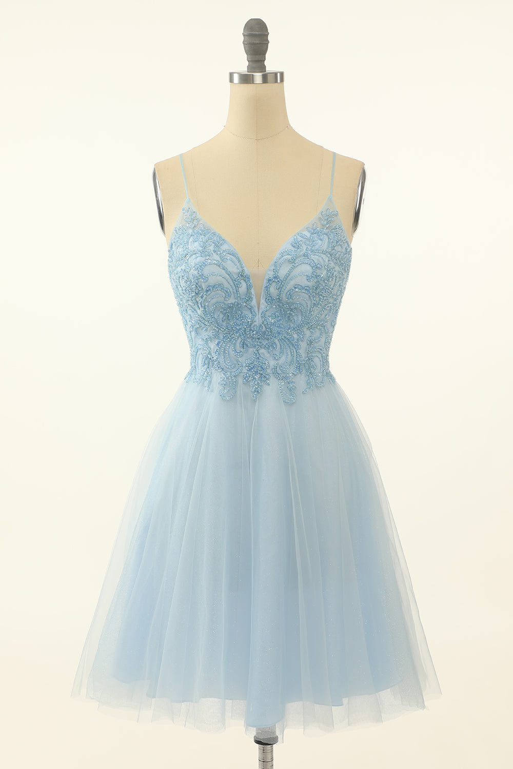 Blue A-line Cute Homecoming Dress/Mini Dress with Appliques