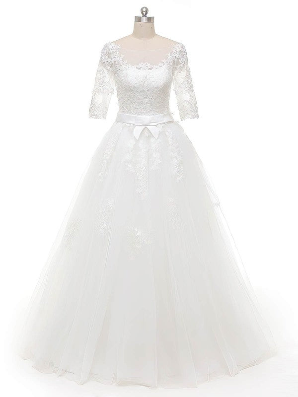 Elegant Crew Neck Half Sleeves Floor-Length Ball Gown Lace Wedding Dresses with Ribbon