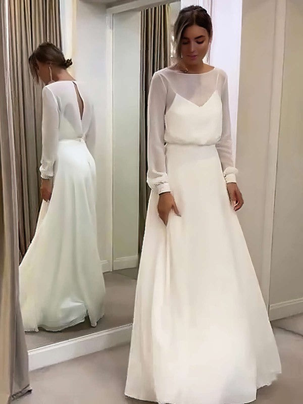 Chic A-Line Long Sleeves Chiffon Floor-Length Wedding Dresses