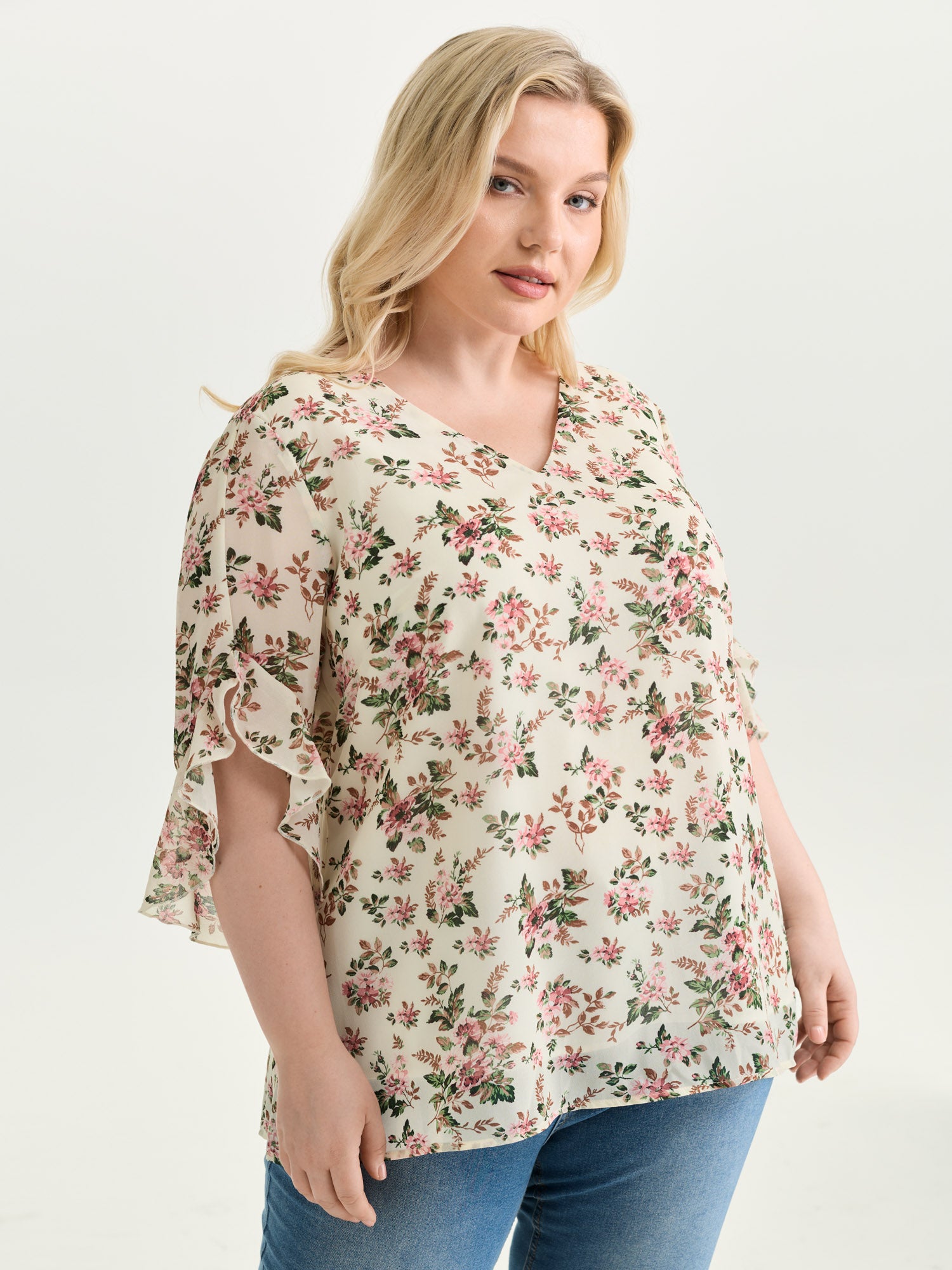 Floral Print Flared Sleeve Lined Blouse