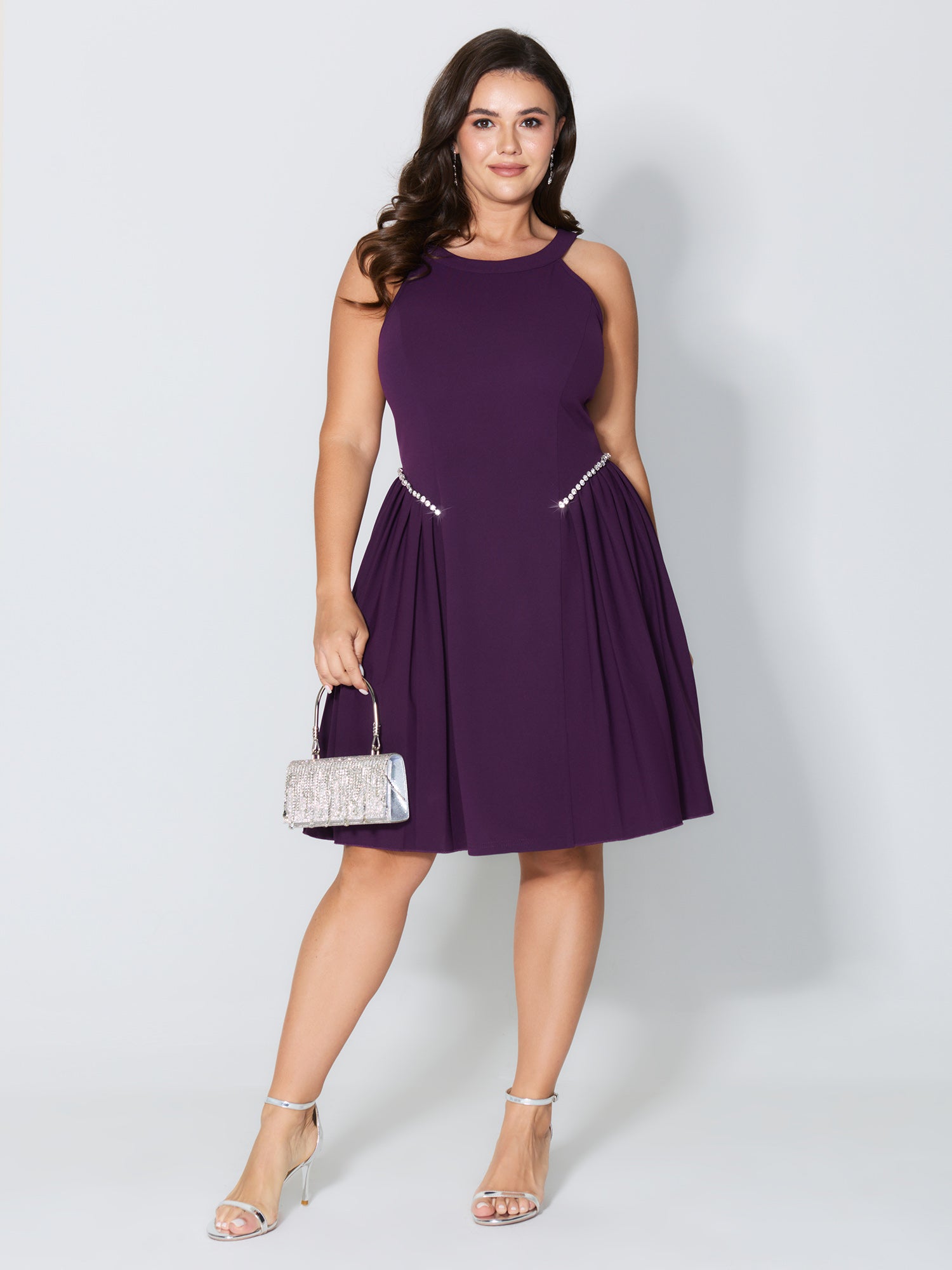 Pleated Side Halter Neck Diamond Mini Dress