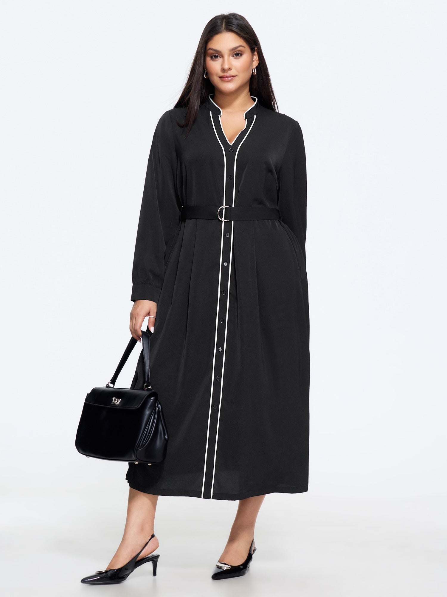 Stand Collar Contrast Piping Belted Midi Dress